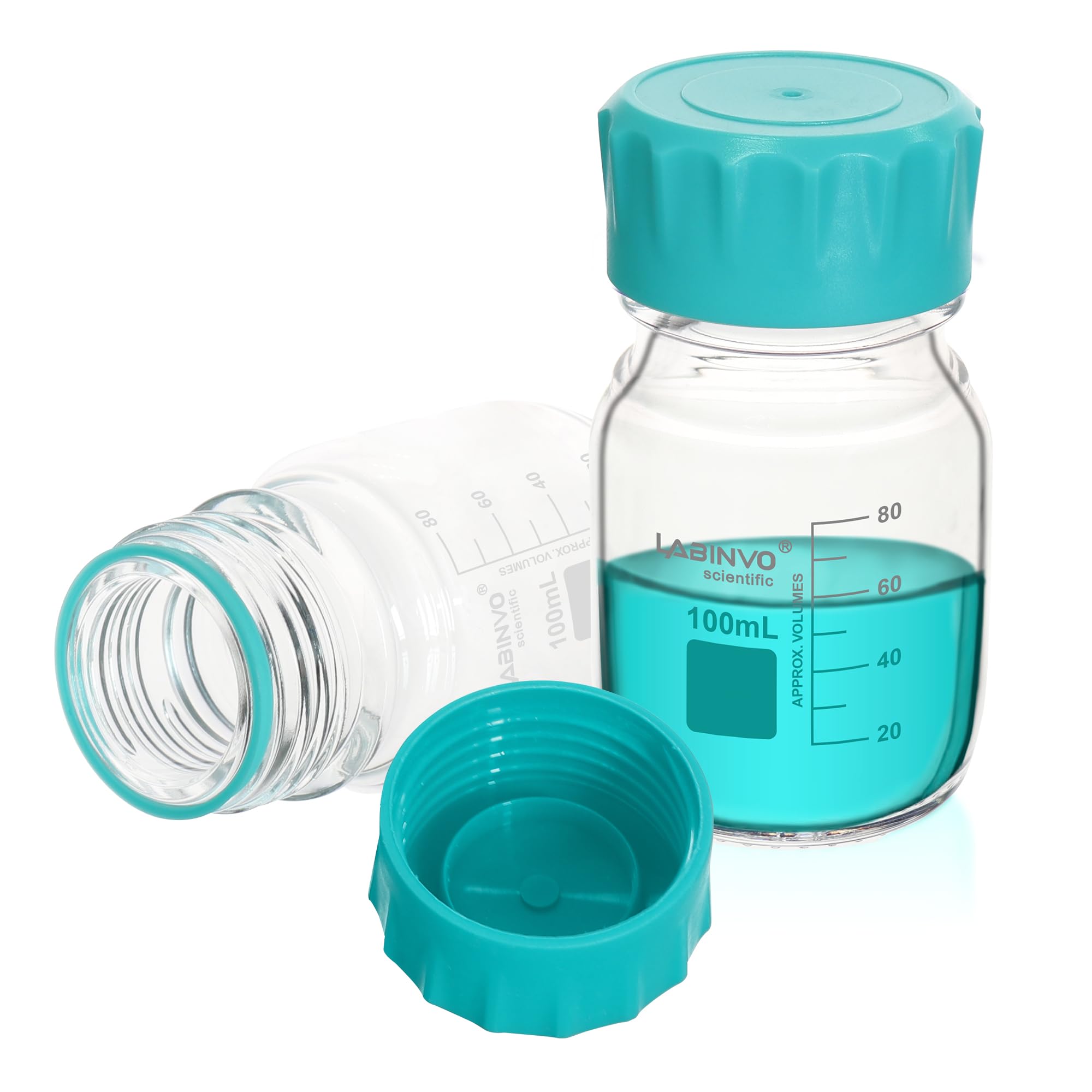 Glass Round Media Bottles, 12PCS of Vol.100ml Borosilicate Glass Reagent Storage Bottle with GL45 Screw Cap, IN-RB100B