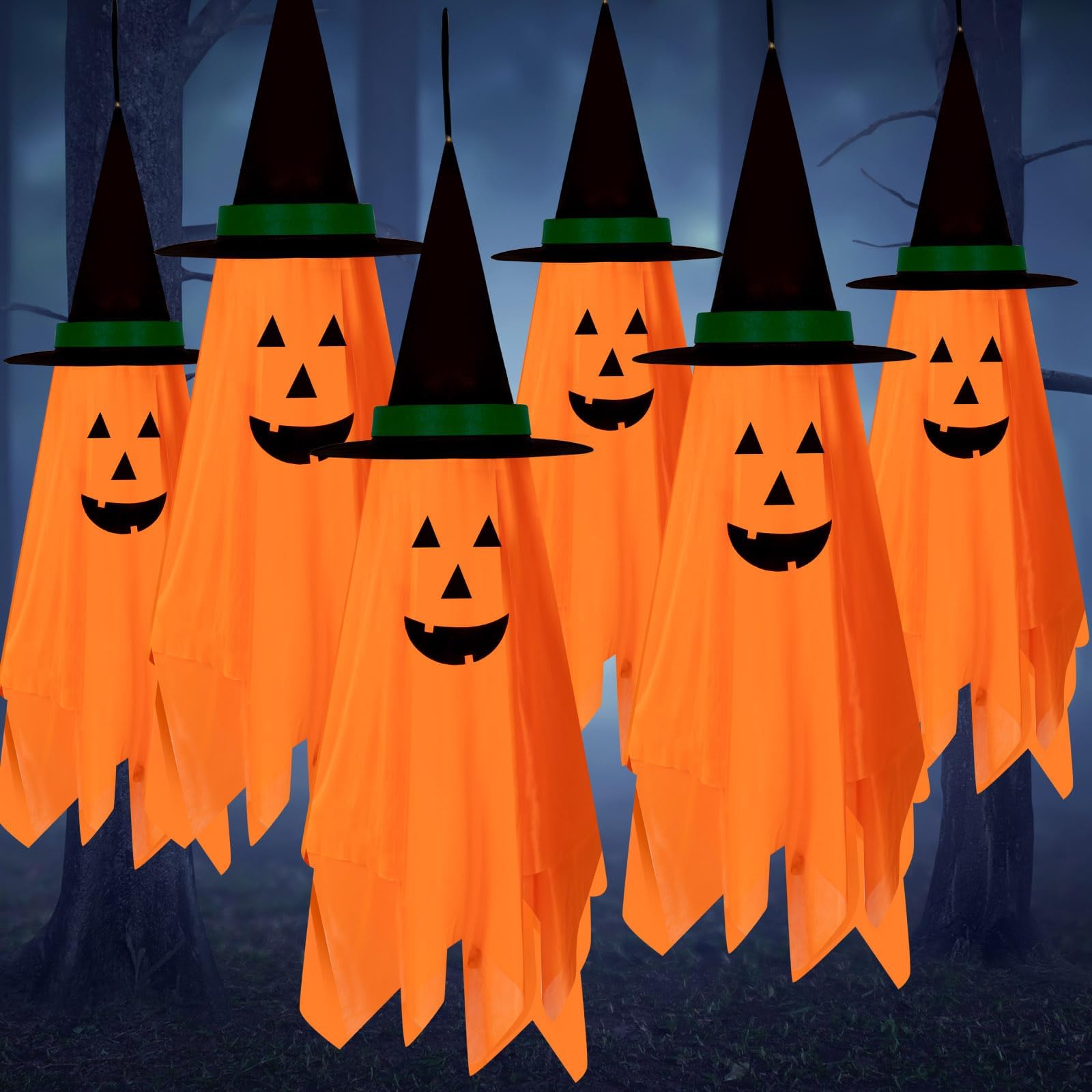 Lenwen 6 Pack Halloween Decorations Pre Installed Orange Pumpkin Wizard Hat Halloween Decor Pumpkin Ghost Witch Hanging Ornaments for Indoor Outdoor Home Garden Party Front Porch Door Decor