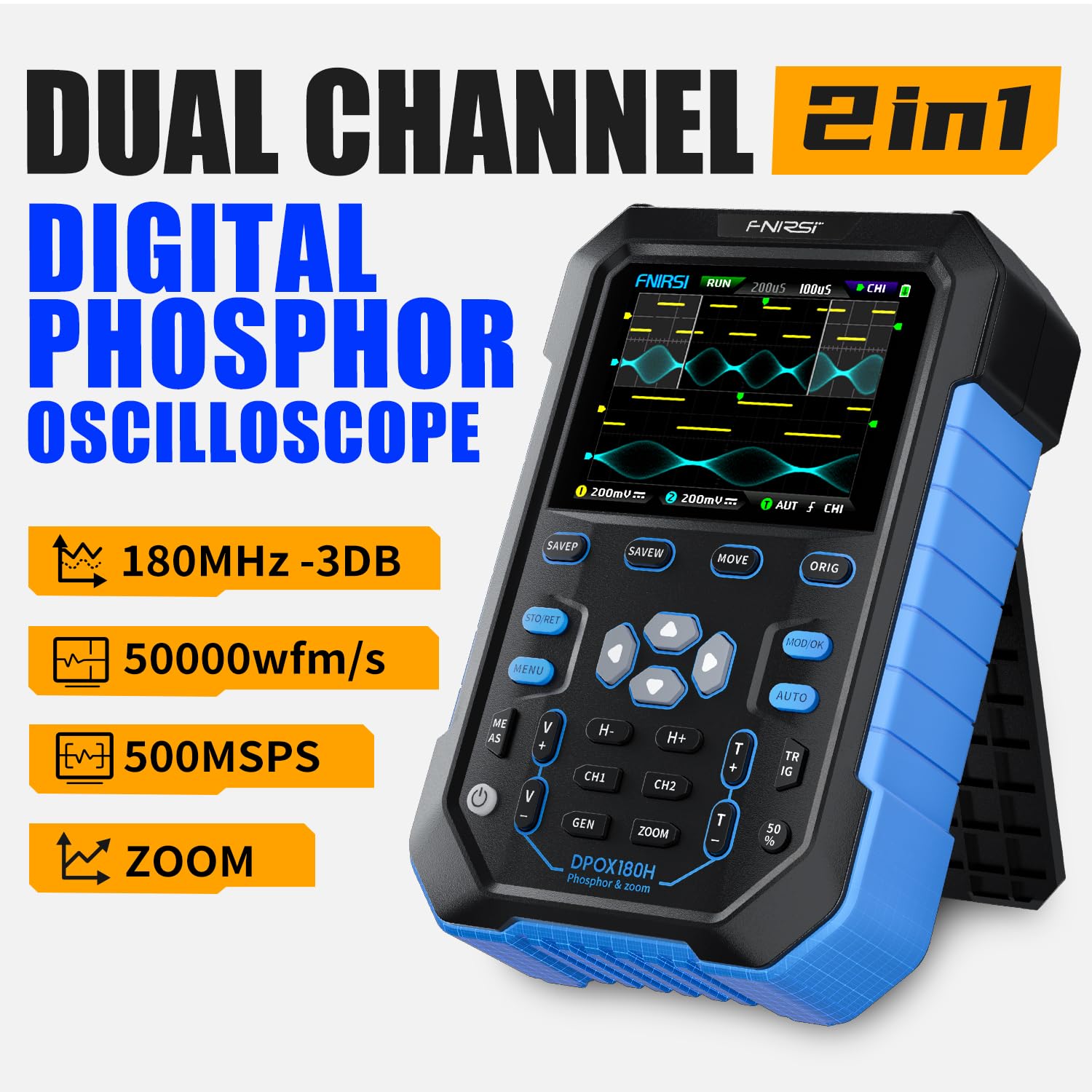 Oscilloscopio digitale al fosforo portatile DPOX180H 2 in 1 generatore di segnali, larghezza di banda analogica -3DB 180MHz, 500MSPS modalità XY ZOOM (DPOX180H)