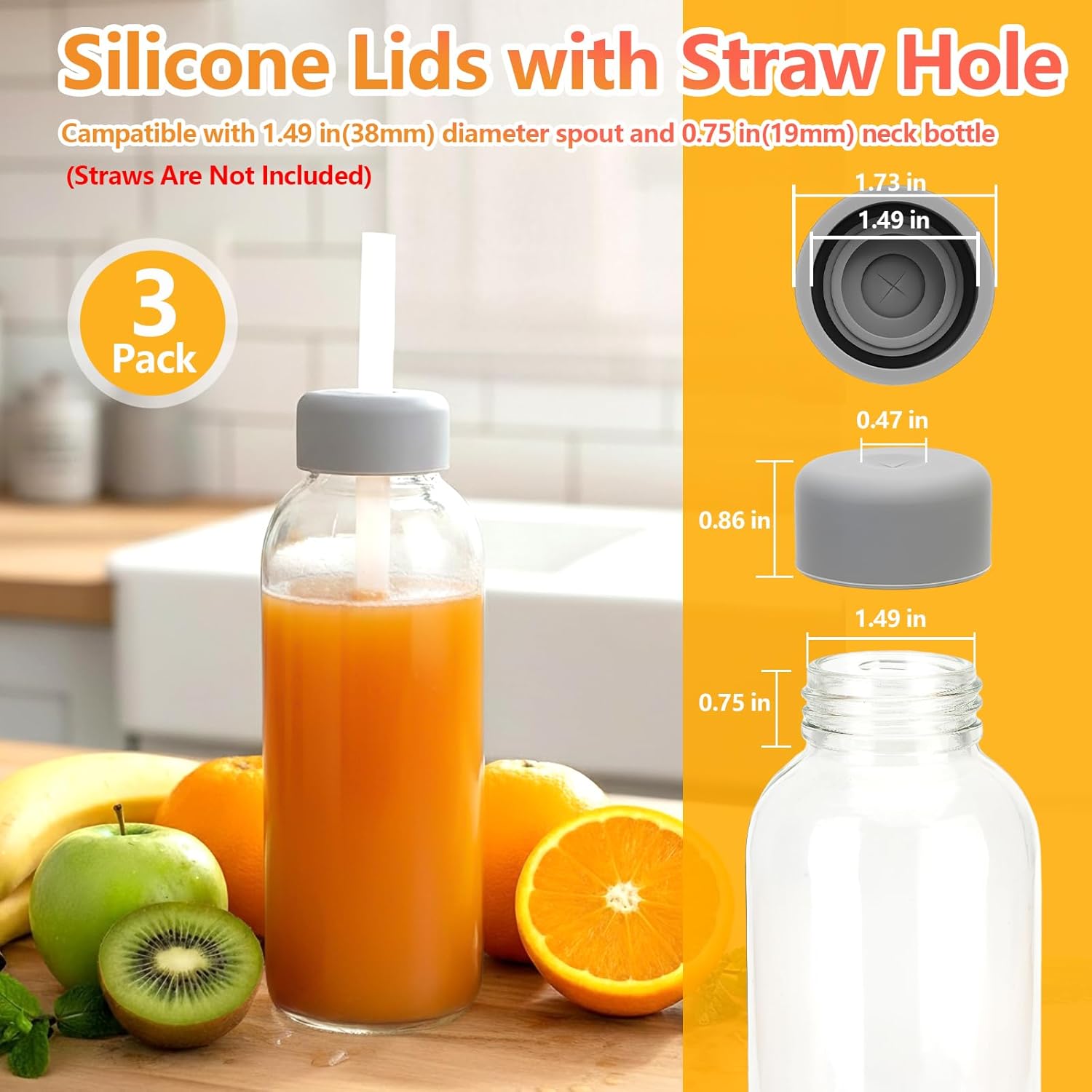 Zukro Water Bottles Replacement Rubber Lids with Straw Hole, Silicone Cap for Luxfuel/Epica/Sursip 10oz/18oz/24oz Glass Bottles With Mouth Opening 1.49 Inch, Press-in Fit, BPA Free, 3 Pack - Image 2