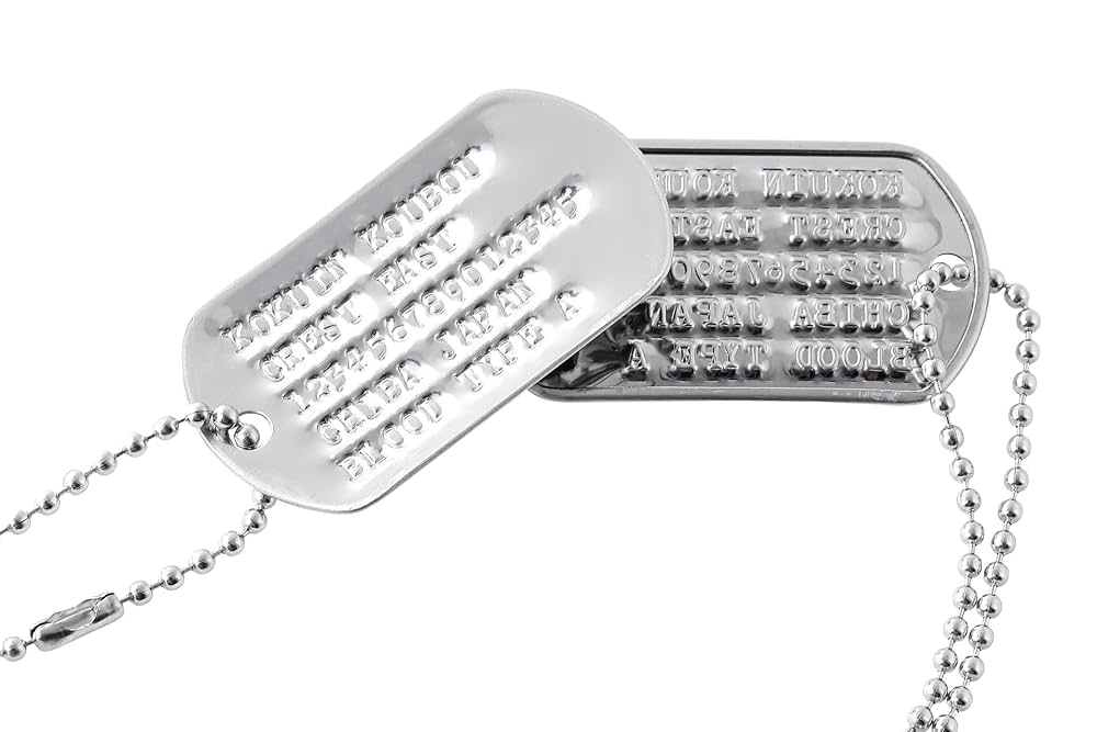 新品タグ付✨OROBIANCO 編み込み　ベスト　凹凸　立体　ロゴ刻印ボタン Amazon.co.jp: ドッグタグ 凹刻印 2枚セット ミリタリー 自衛隊