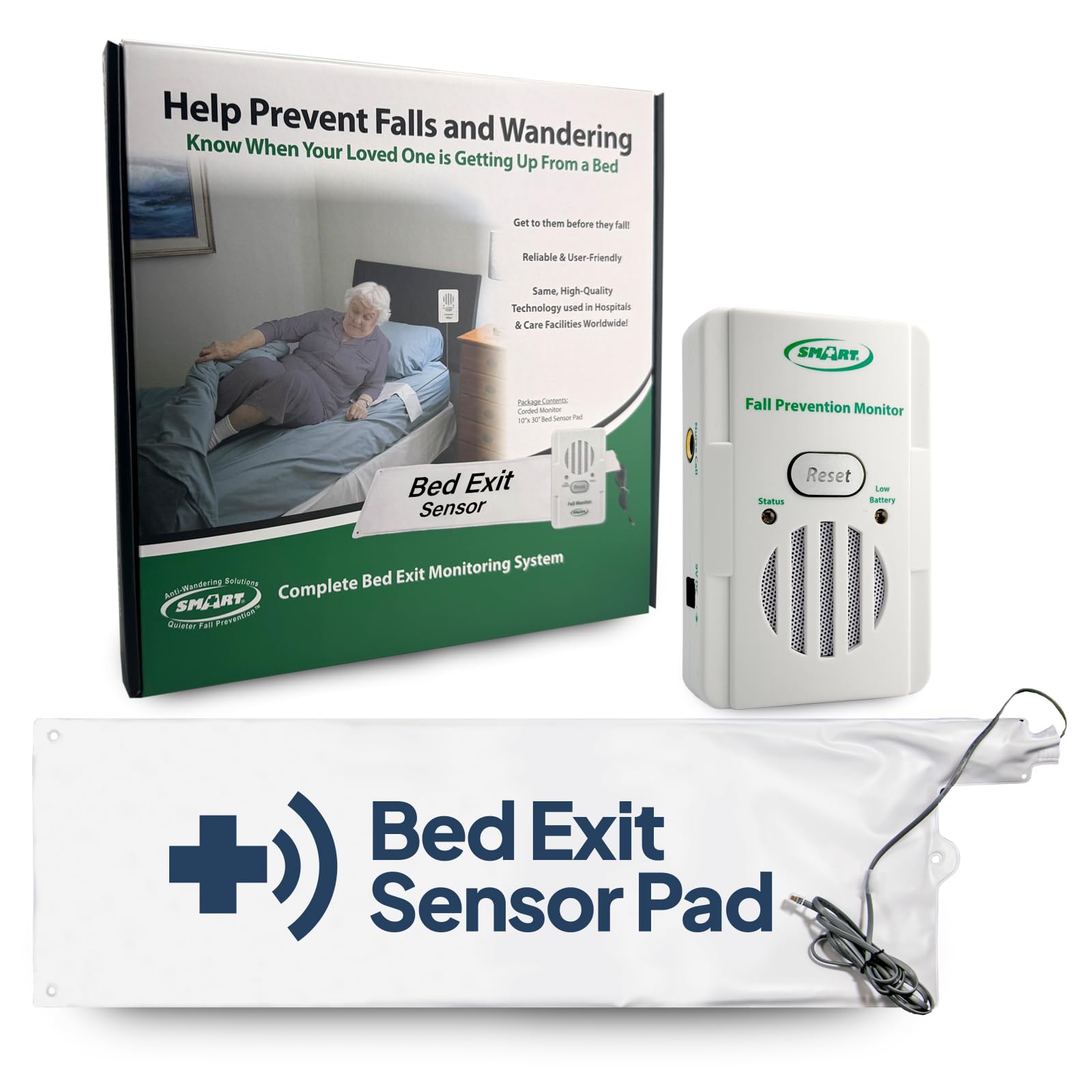 Smart Caregiver Bed Alarm for Elderly Adults – Fall Prevention System with 10"x30" Weight-Sensing Bed Pad – Automatically Alerts Caregiver When They Get Up