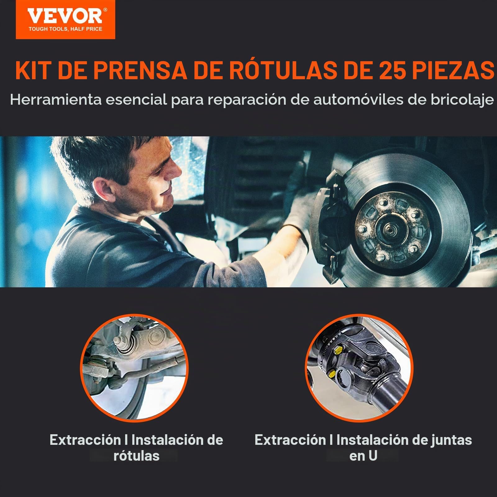 VEVOR Extractor de Rótulas 25 Piezas Extractor de Rótulas de Acero con Adaptadores de Varios Tamaños Kit de Extracción e Instalación de Rótulas U-Joint Pasador de Anclaje de Freno Vehículos 2WD 4WD