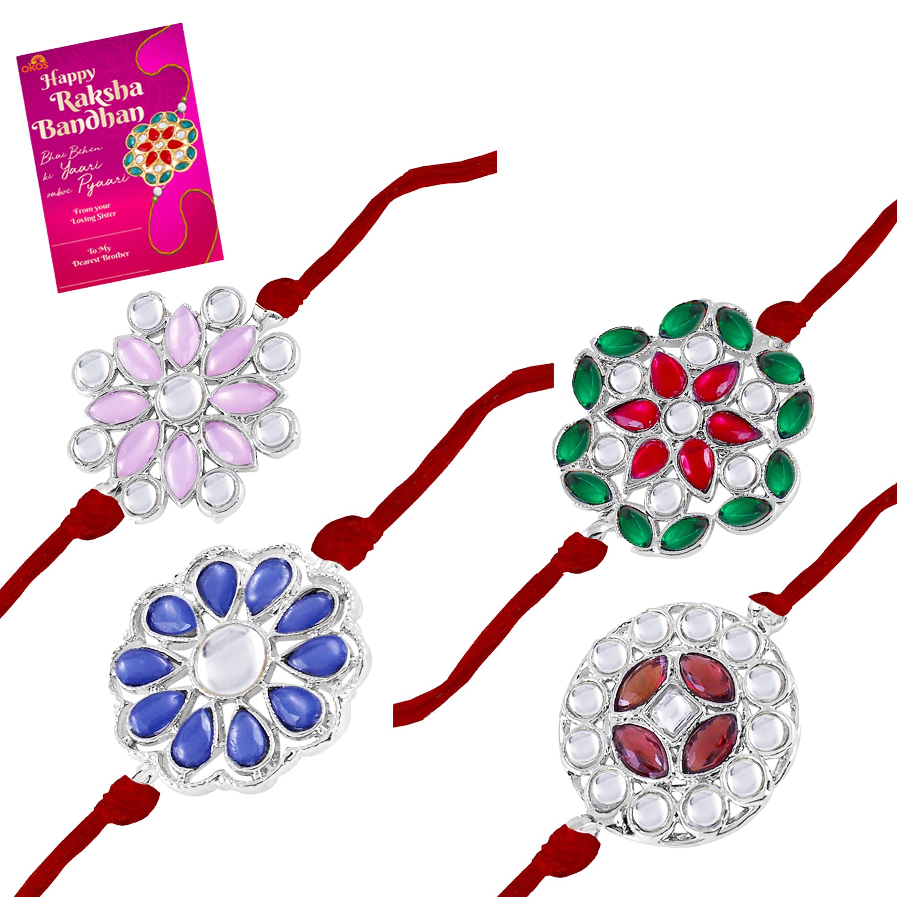 Okos Rhodium Plated Pack of 4 Dazzling Rakshabandhan Alloy Rakhi Bracelet with Multi Color Kundan Stones and Greeting Card For Loving Bhai/Bhaiya/Brother/Veera CO1000448STYL6 (B0C85GLMYM) Amazon Price History, Amazon Price Tracker