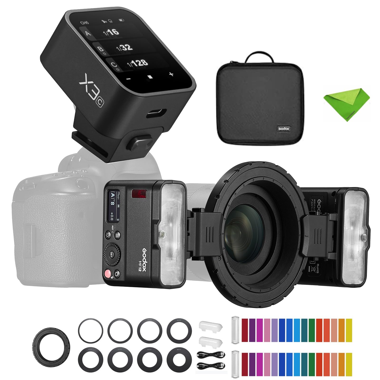 Godox MF12 MF12-K2 Macro Flash with X3-C Flash Trigger for Canon, Off-Camera TTL Flash Speedlite 12W, 2.4G Wireless Control,TTL/M Mode,Built-in 3.7V/6.29W Lithium Battery, Flash for Canon Cameras