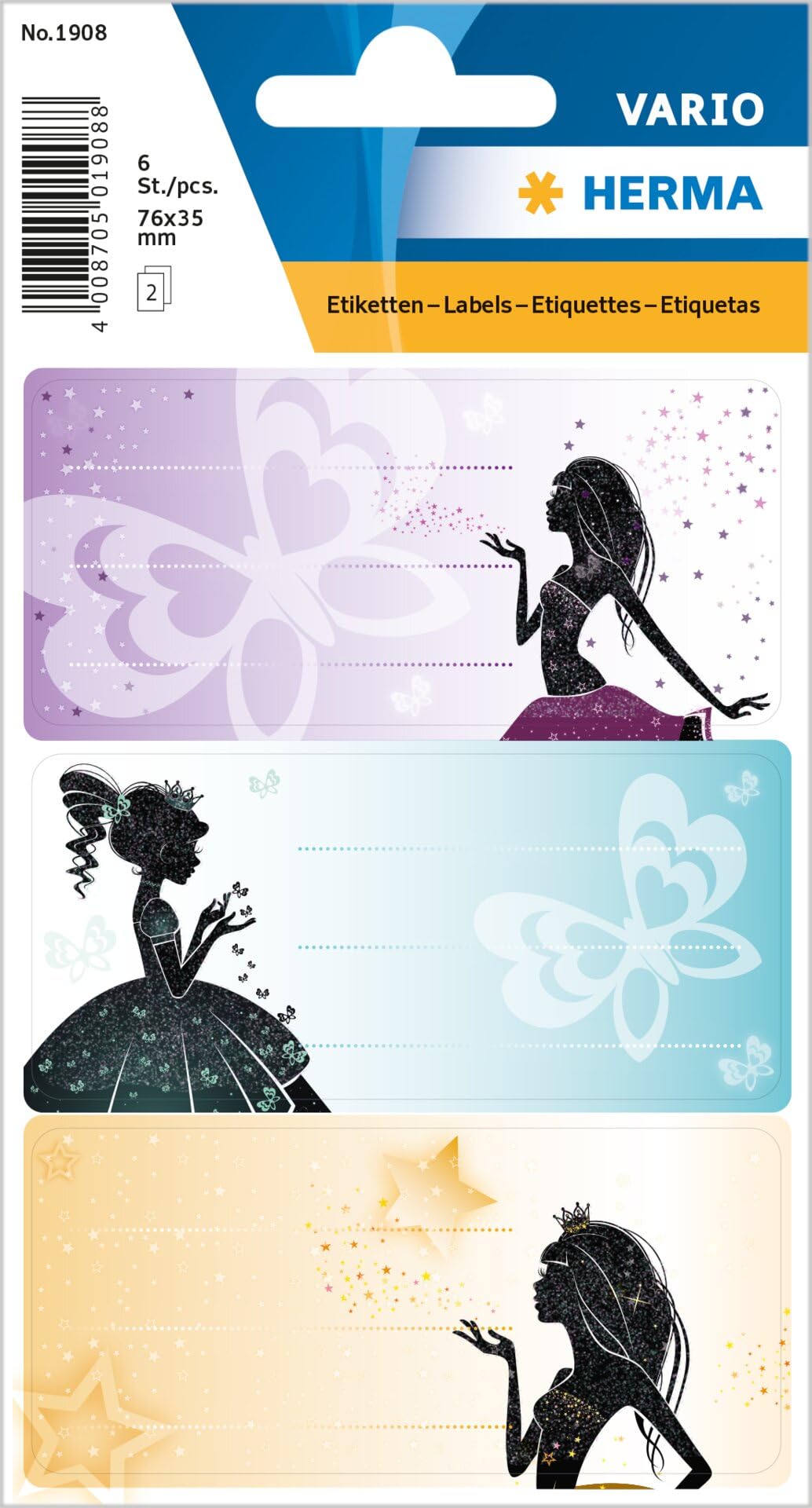 HERMA 1908 Book Labels for Writing on Princess, 6 Pieces, 76 x 35 mm, Self-Adhesive Lined Book Stickers for School, Kids, Girls, Boys, Multicoloured Book Labels Stickers, Colourful
