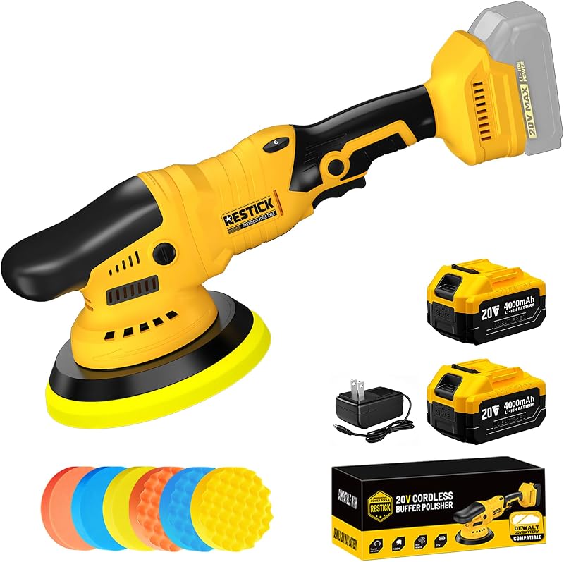 Pulidora de búfer inalámbrica de 20 V con 2 baterías de 4000 mAh y cargador rápido - Alta potencia de 10000 RPM | Doble acción con ajuste de 6 velocidades | Potente kit de pulido y pulido de búfer para automóvil de 6 pulgadas para detallar y pulir automóviles