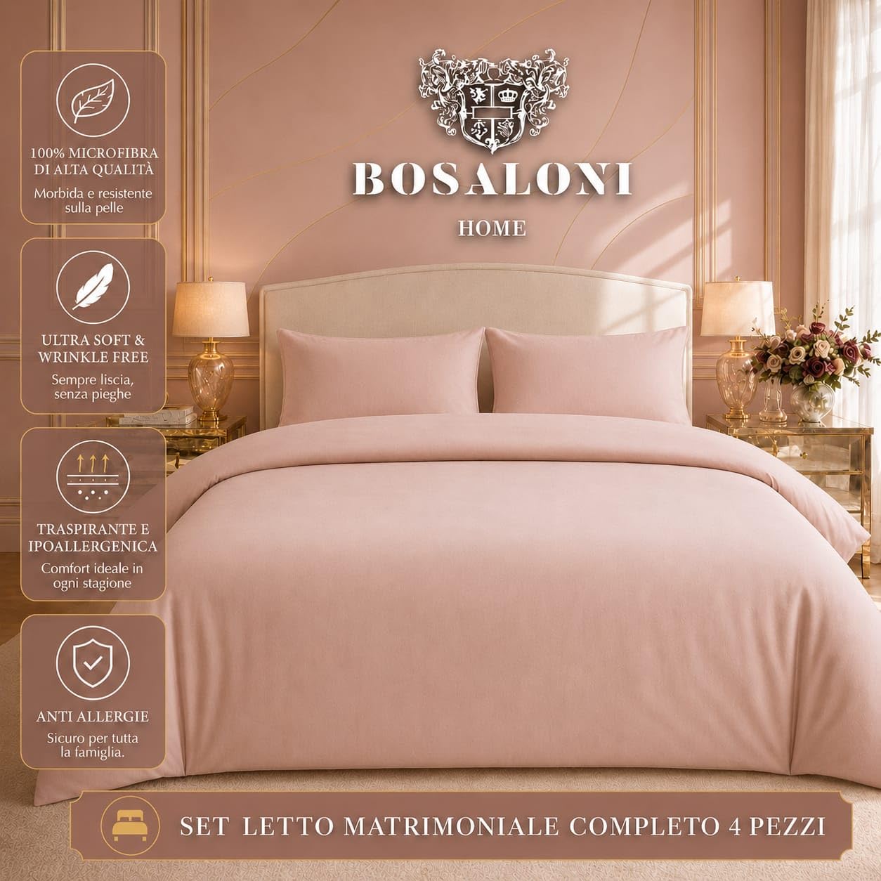 Completo Copripiumino Matrimoniale 220x230 cm BOSALONI HOME Essential Collection – Lenzuolo Sotto con Angoli 160x200+35 e 2 Federe 50x80 – Set Letto Elegante in Microfibra Morbida (Rosa Antico)