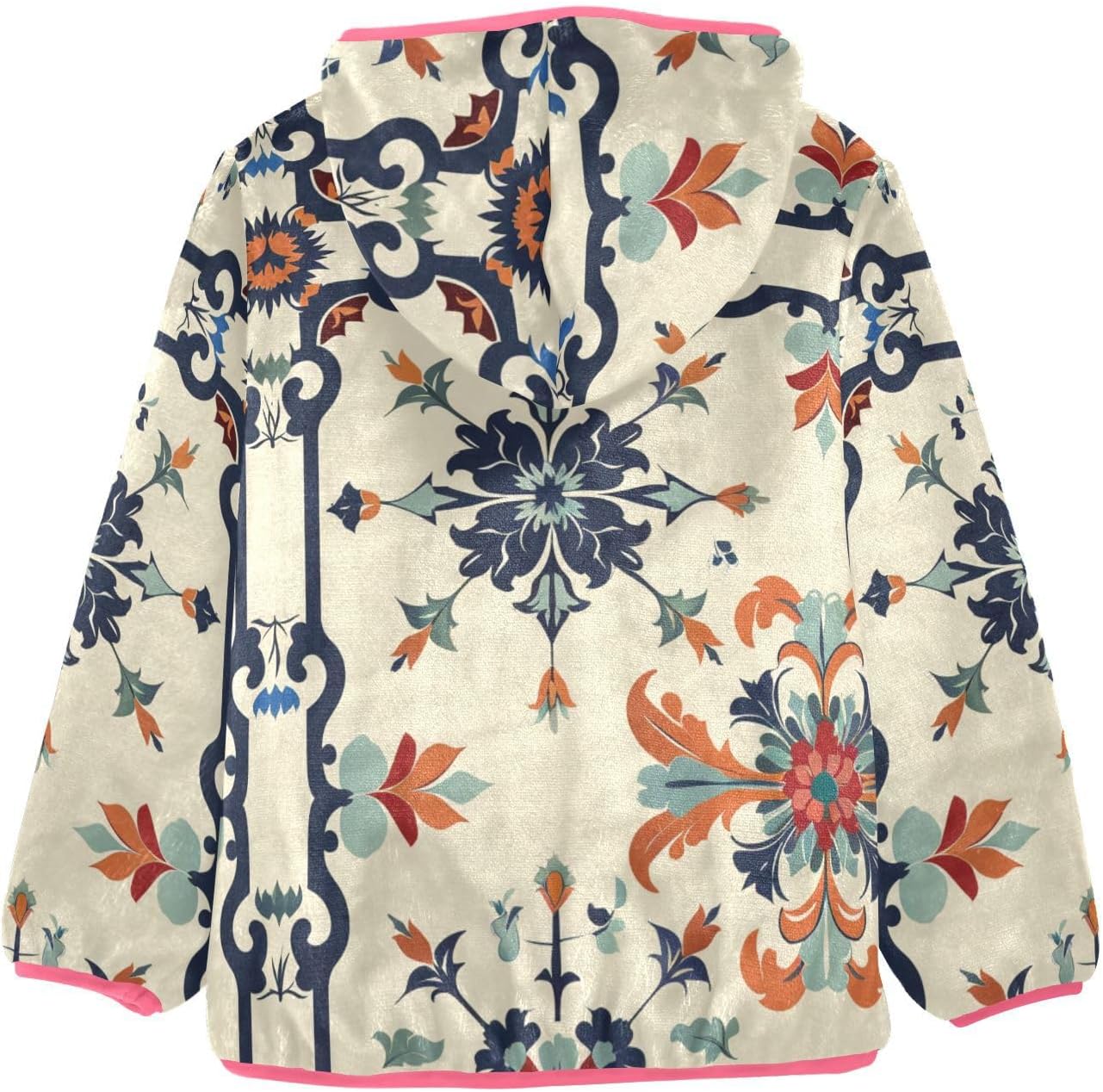 ALAZA Traditional Persian Tile Pattern Hoodie Jacket for Girls Toddler Fleece Zip Up Coat Plush Jacket for 3 Years