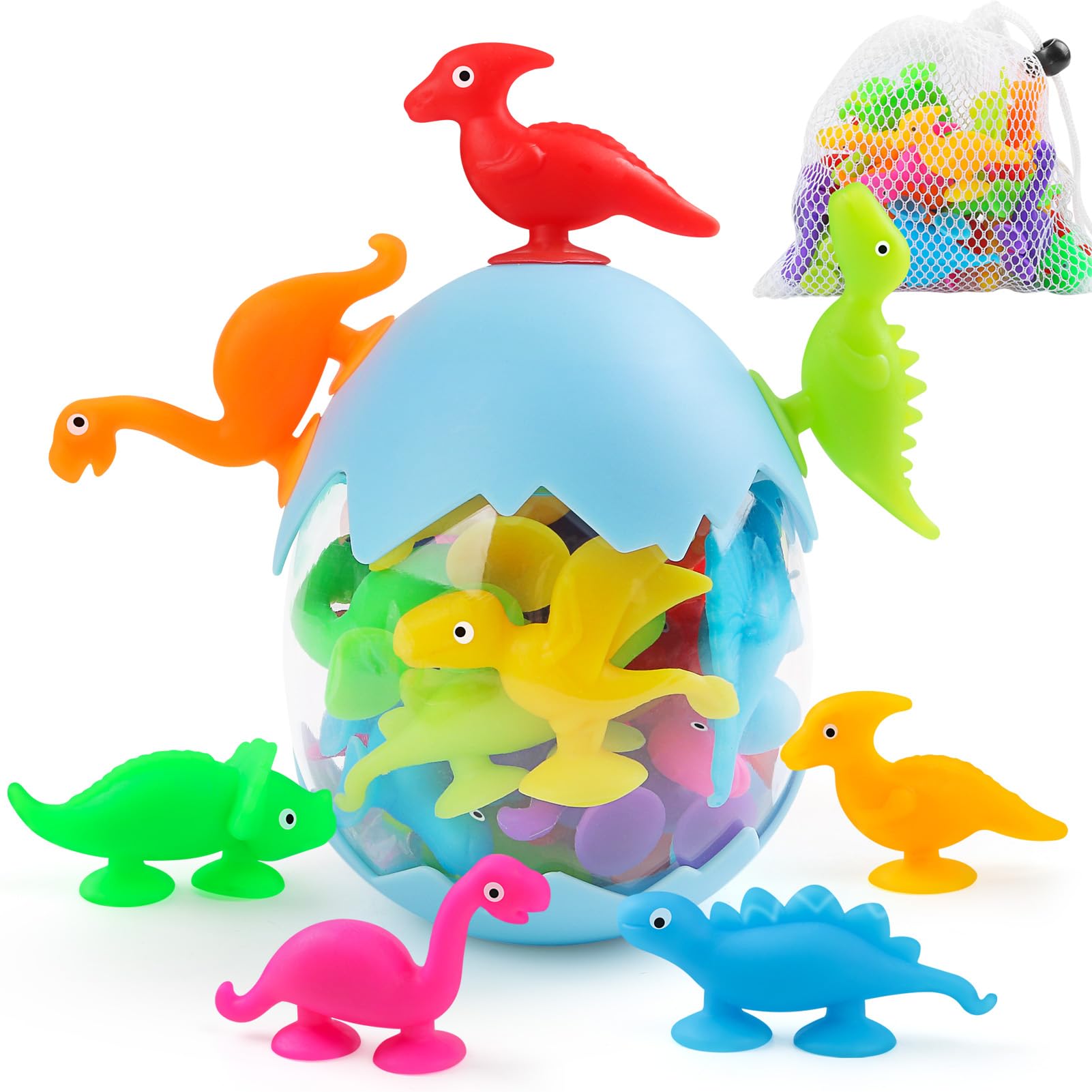 Baby Suction Cups, 16PCS Silicone Dinosaur Sucker Toys with Eggshell Storage, Sensory Bath Toys for Kids Ages 4-8, Counting Learning Color Tool, Window Toy, Easter Egg Gifts for Boys Girls Ages 3+