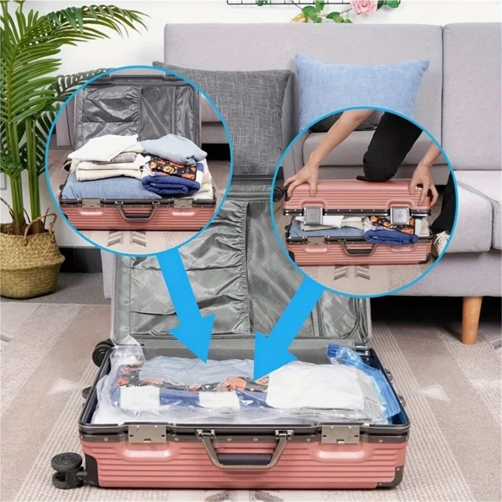 Bolsas vacio For ropa, ropa de cama, bolsas for ahorrar espacio, almacenamiento, paquete sellado al vacío, bolsa organizadora comprimida plegable para Equipaje(8PCS1 Air Pump,100CM x 130CM)
