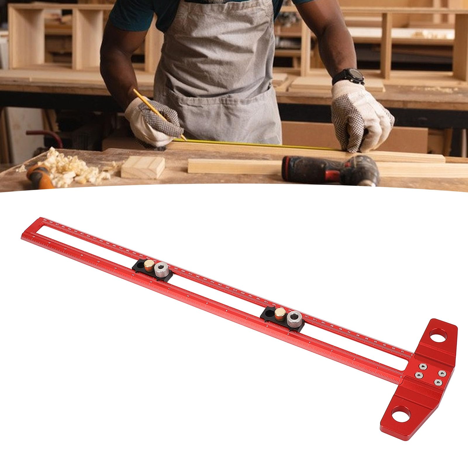 PolyGen Regla de marcado de aleación de aluminio, diseño cuadrado en T de 50 cm, guía de posicionamiento de perforación con escala métrica y en pulgadas, incluye fundas de broca