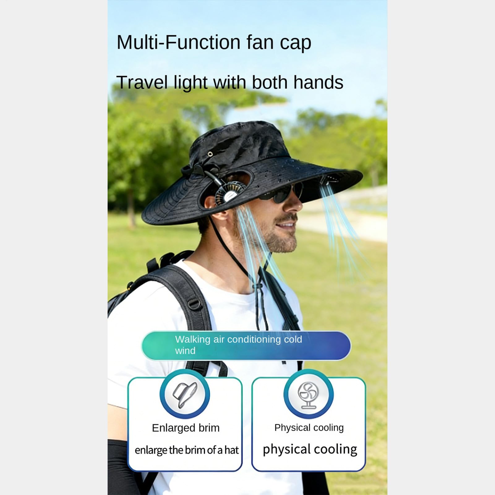 Chapeau bucket | Casquettes ajustables avec ventilateurs - Chapeau avec 2 ventilateurs rafraîchissants pour la nuque - Pour plage, camping, randonnée, running, jardinage, voyage, vacances, festival
