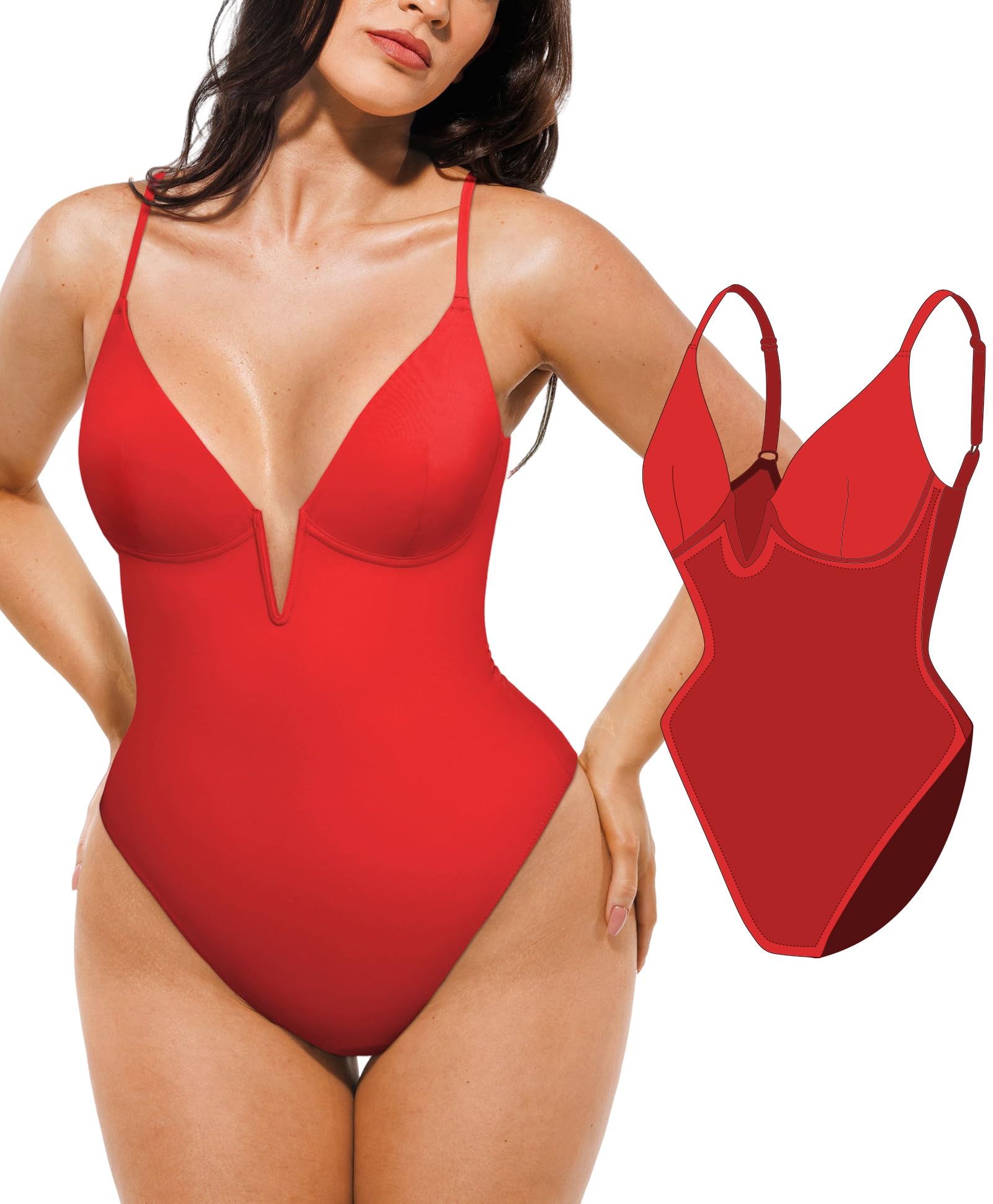 Popilush Tummy Control Swimsuits for Women Shapewear One Piece Deep V Neck Underwire Swimsuit Summer Beach Pool Vacation