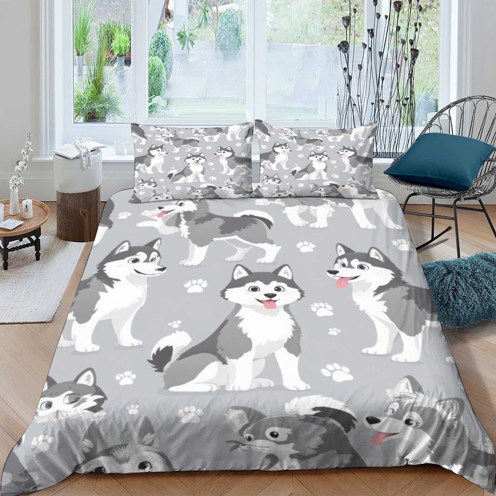 Ctjqhvkz Style-4 3D Printed Grey Husky Dog Pattern Fitted Sheet Microfiber Soft Bed Cover Anti-Slip Machine Washable For Bedroom Dorm Mattress Protection Single（135X200cm）