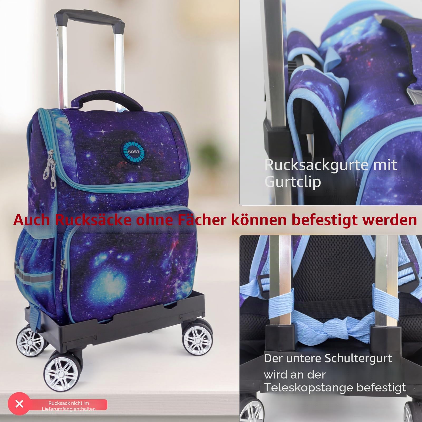 Rucksack Trolley Rollwagen, Faltbare Aluminiumlegierung Handkarre mit Randbasis, 4 Räder, Gepäckwagen mit Gepäckgurt für Kinder, Jugendliche, Erwachsene, Schule, Reisen, Black-L08