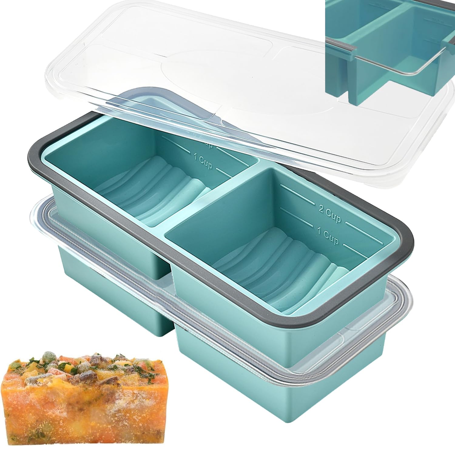 Theuwnee® 2-Pack Silicone Freezer Tray with Lid - Soup Freezer Container molds - Large Ice Cube Tray-Freezer Storage Food Soups & Meal Prep (Blue, 2+2)