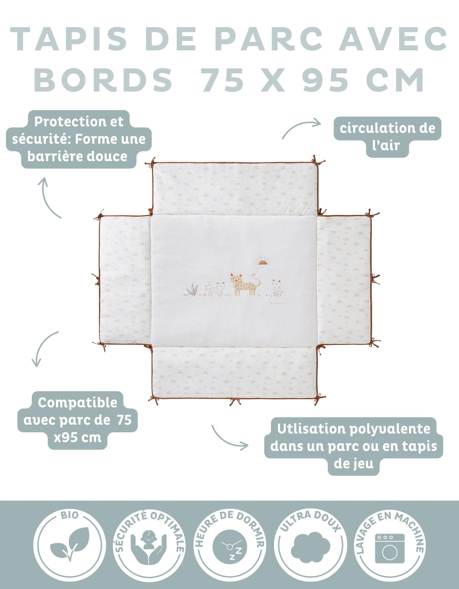 Noukie's – Tapis de Parc 75 X 95 cm Ecru – Tapis de Jeu et de Repos pour Bébé – Confort Doux et Résistant – Broderie Babou & Kendi Lion – Accessoire Chambre Bébé