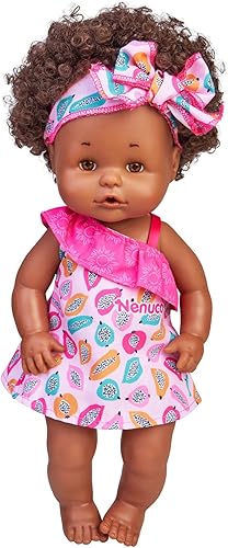 Nenuco Muñeca africana de bebé de The World, tono de piel oscura con ojos marrones, muñeca de 12 pulgadas