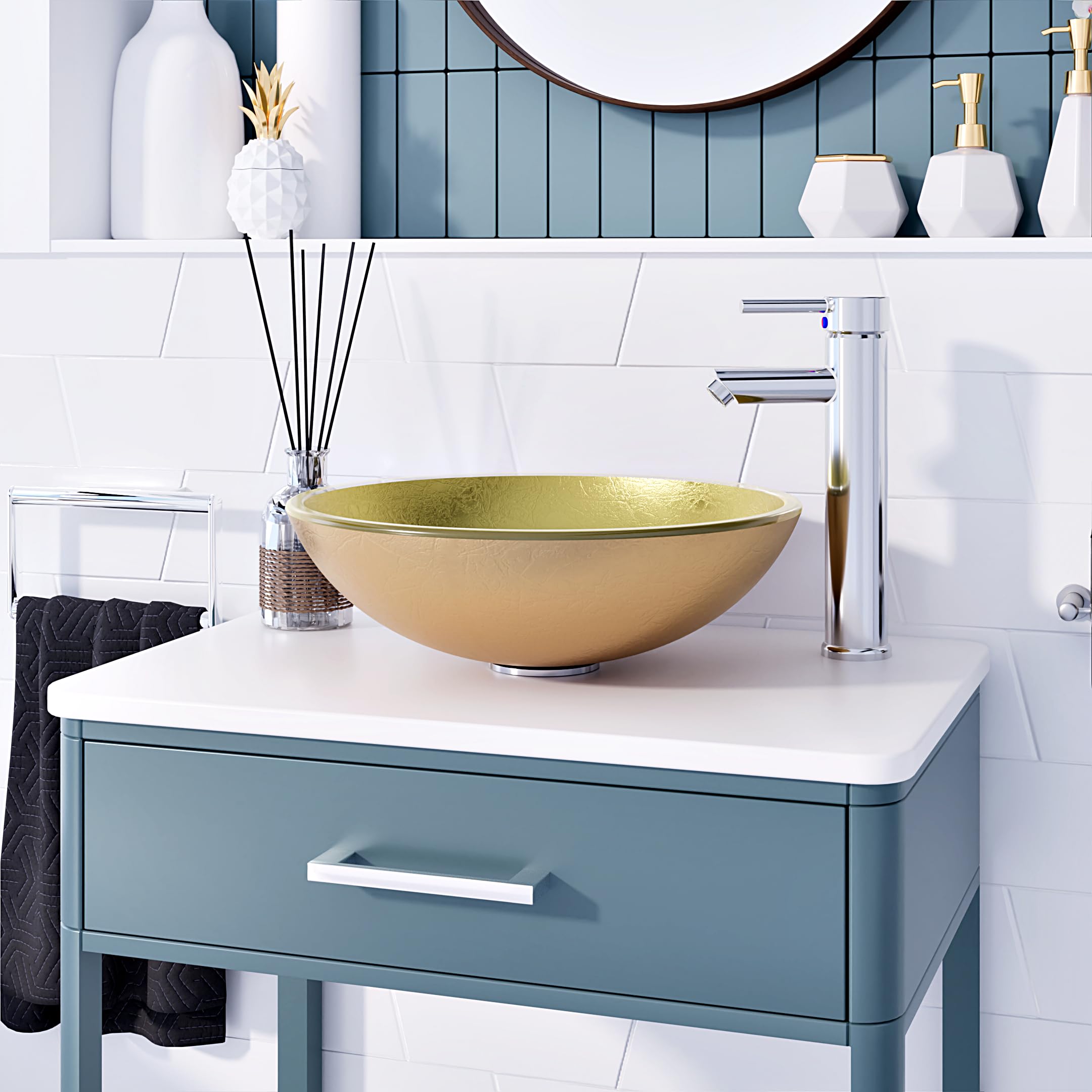 BELOFAY Modern Design Bathroom Counter Top Wash Basin Sink, Glass Bowl Cloakroom Basin for Vanity Cabinet Toilets and Bathrooms 42x14x42cm WxHxL (Flash Gold, 42x14x42cm) — image 1