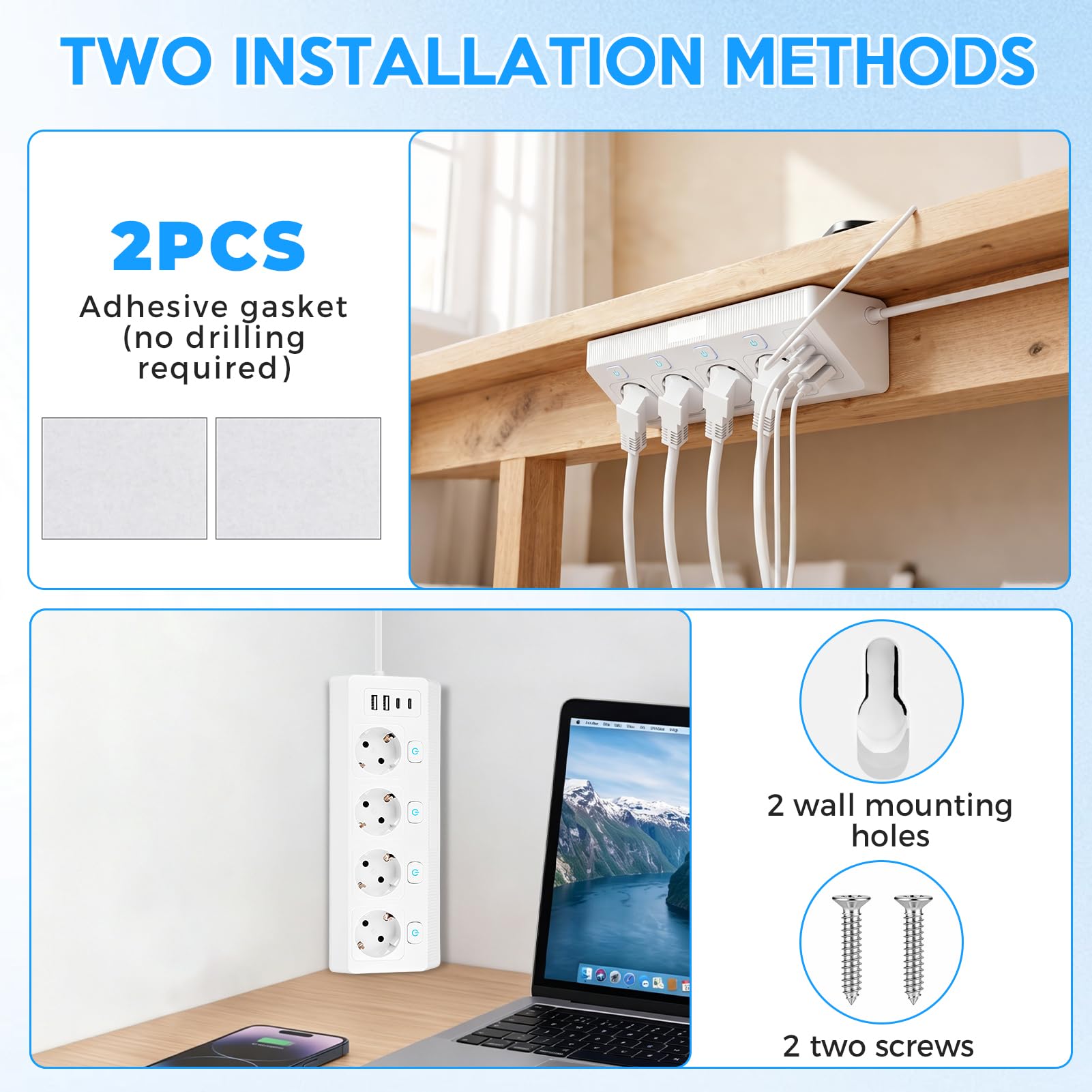Multipresa a 4 prese con USB-C e Interruttori Indipendenti | Multipresa da Scrivania 4 porte USB, Multipresa con protezione da sovratensioni, 3680W, 16A, 2m, per cucina, casa e ufficio