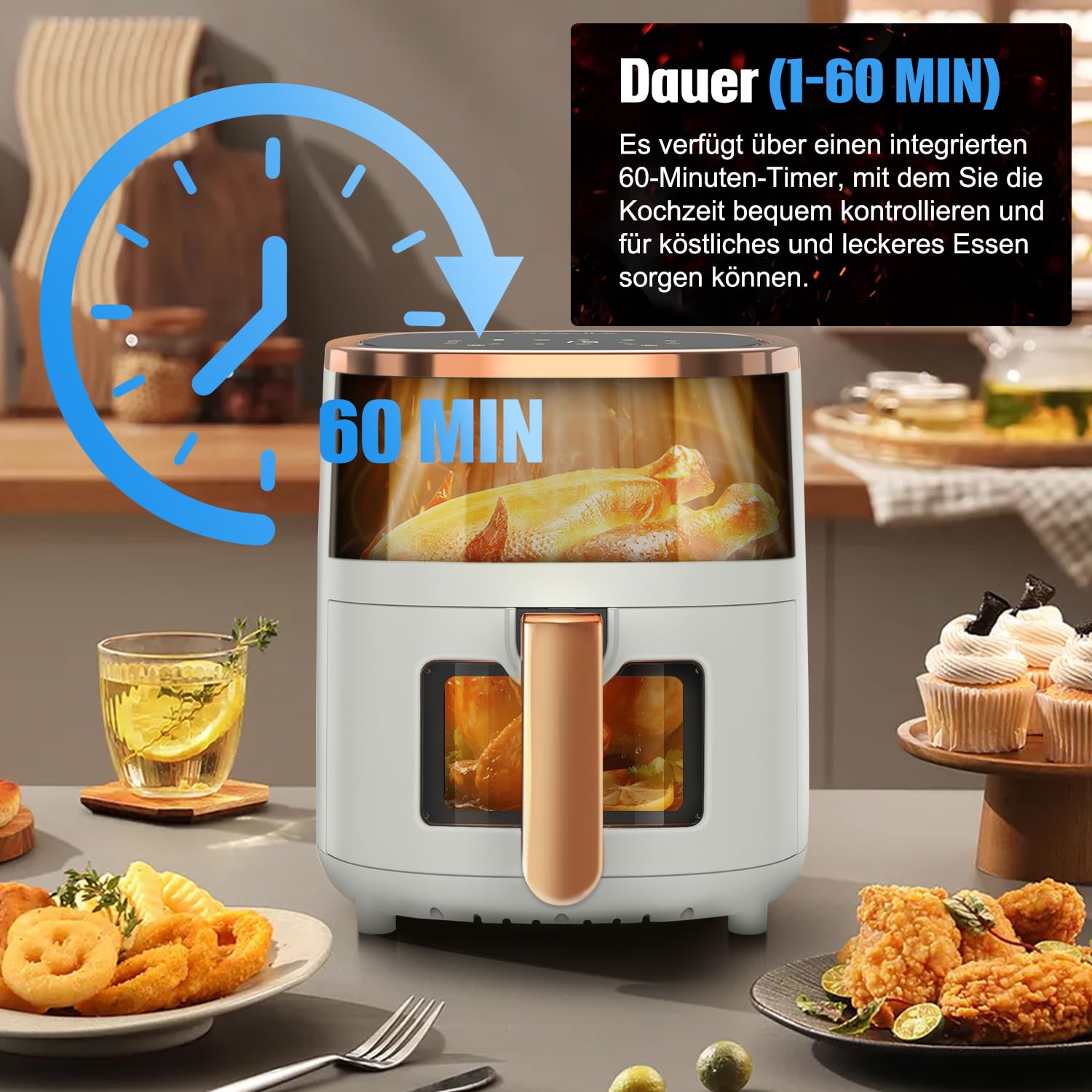 Freidora de aire caliente, 6 L, con 8 programas, tecnología de aire caliente, pantalla táctil, ventana de visualización, apta para lavavajillas, freidora sin aceite, digital, asar, hornear, asar
