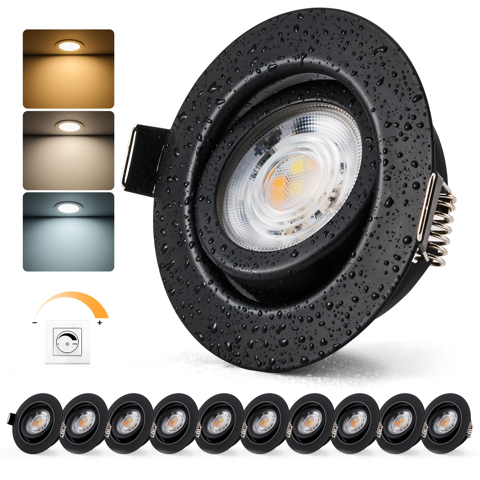 BOJIM Reflektor LED do zabudowy, sufitowy, 230 V, punktowe ściemniane IP44 7 W, metal czarny, wymiary otworu 68 mm, ciepła biel/zimna biel/neutralna biel, do łazienki, kuchni, salonu, zestaw 10 sztuk