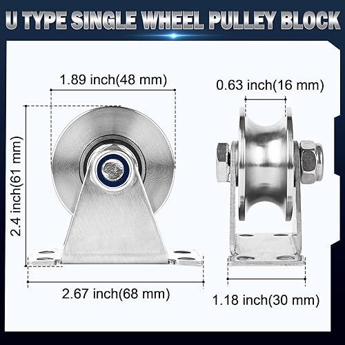 Miniatura 9 de Rueda de polea ranurada para cuerda montada en la pared, 1 paquete de acero inoxidable súper silencioso, sistema de tirones de cable, tipo U,