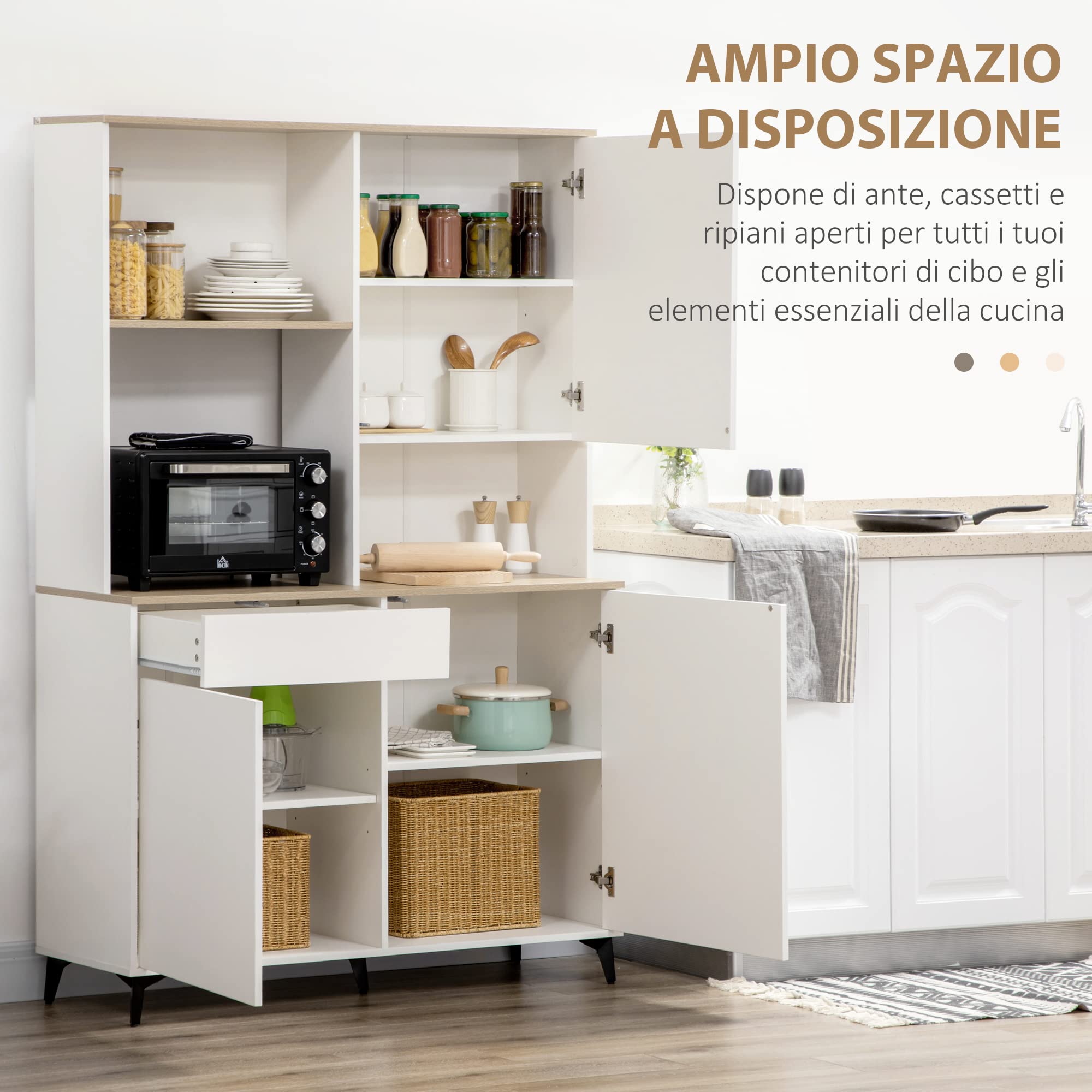 HOMCOM Dispensa Cucina in Truciolato e MDF con Ripiani Aperti, Armadietti e Cassetto per Utensili ed Elettrodomestici, 119x41x180 cm, Bianco