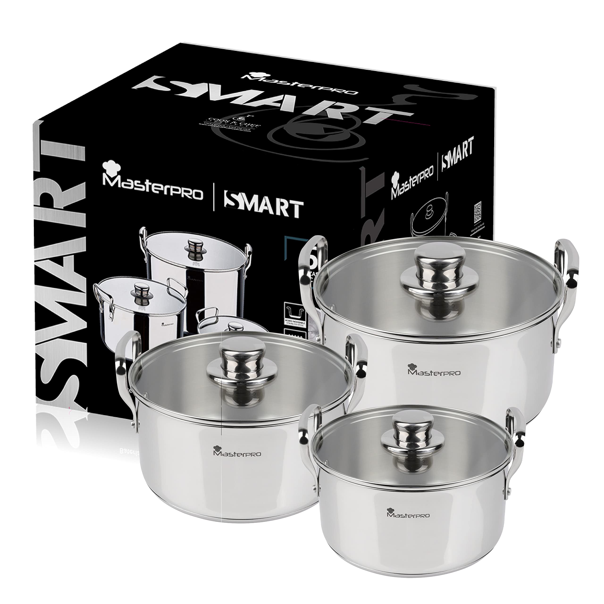 Smart MasterPRO - Batteria da cucina - Set da 6 a 6 a 20, 24 e 28 cm di vetro - prodotto in acciaio inossidabile - padelle da cucina - compatibile con tutti i tipi di cucine