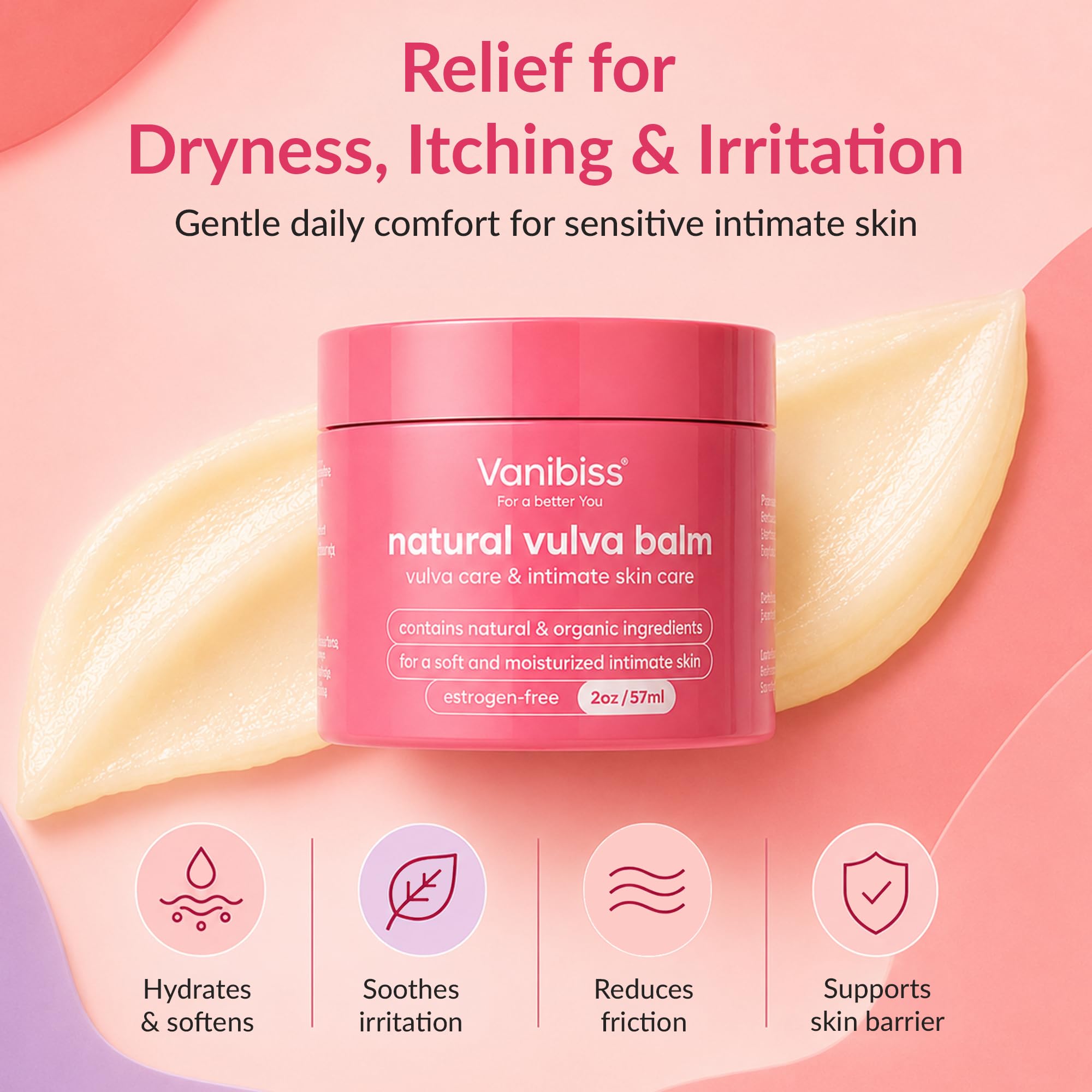 Vanibiss Crema orgánica de bálsamo de vulva, humectante vaginal, cuidado íntimo de la piel, soporte para la menopausia: alivia la sequedad, picazón, olor, irritación: libre de estrógenos (2 onzas)