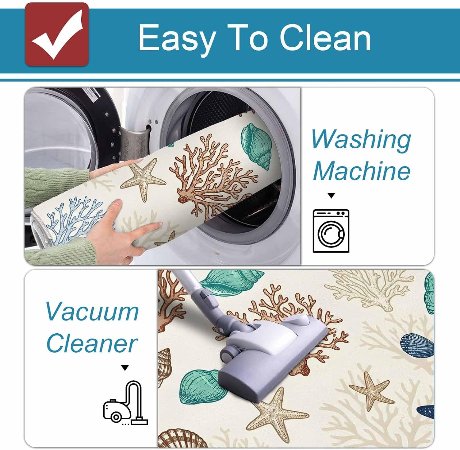 Prime Leader Coastal Kitchen Mat Set 2 Pieces Starfish Seashell Coral Summer Ocean Seaside Non Slip Kitchen Rugs Washable Runner Rug Mats for Floor Sink Laundry Office 23.6" x 35.4"+23.6" x 70.9"