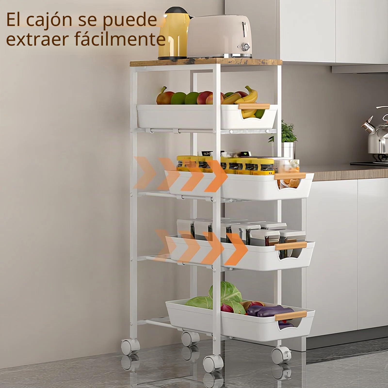 Carrito utilitario rodante de 5 niveles con parte superior y cajones de madera, organizador de almacenamiento con marco de metal con ruedas para cocina, baño, sala de estar, oficina