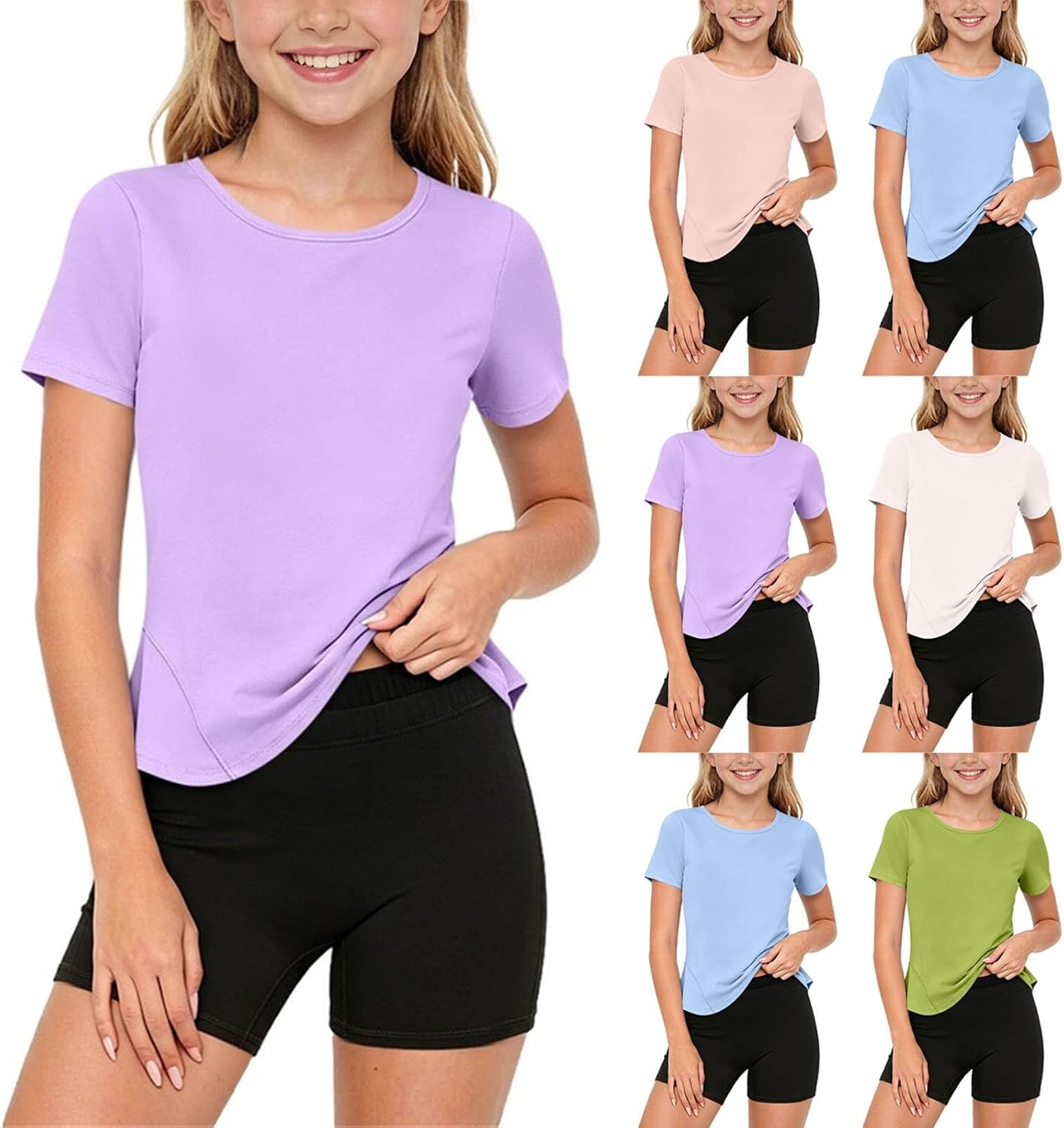 Girls Basic Short Sleeve Crewneck T-Shirt with Biker Shorts Set Workout Two Piece Summer Outfits for 3-15 Years