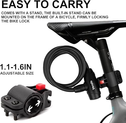 Miniatura 4 de Venzio Cable antirrobo resistente de 4 pies, cable de bloqueo de bicicleta con 2 llaves y soporte de montaje, cable de acero en espiral de 12