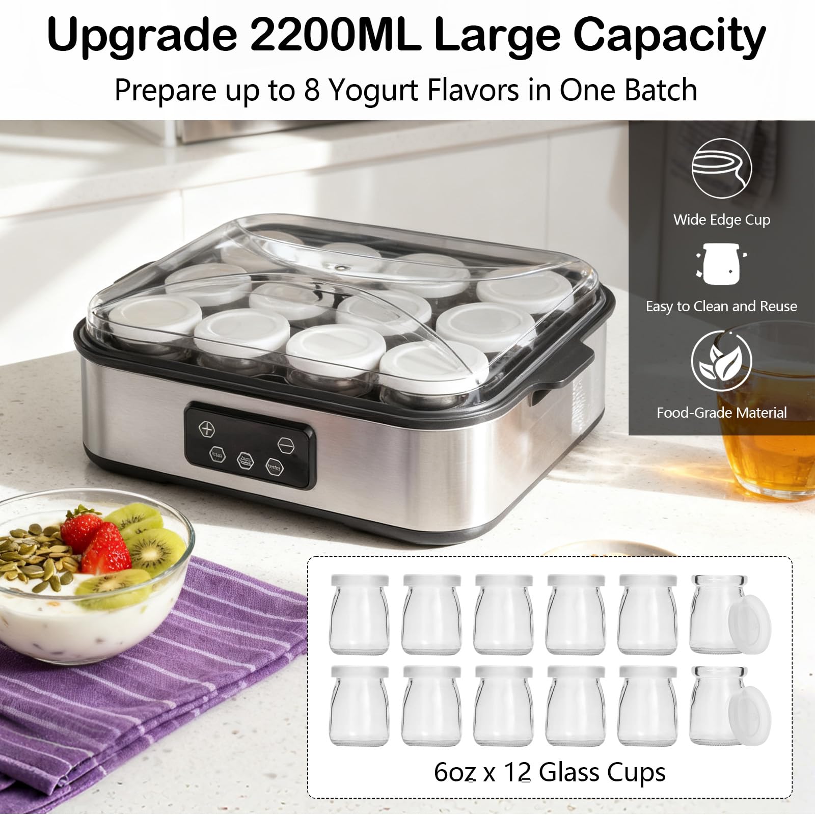 Yogurtiera Elettrica 2200 ml, con 12 × 180 ml Vasetti in Vetro, Macchina Digitale in Acciaio Inox, Yogurt Maker Automatico per Yogurt Fatti in Casa, Formaggio o Natto