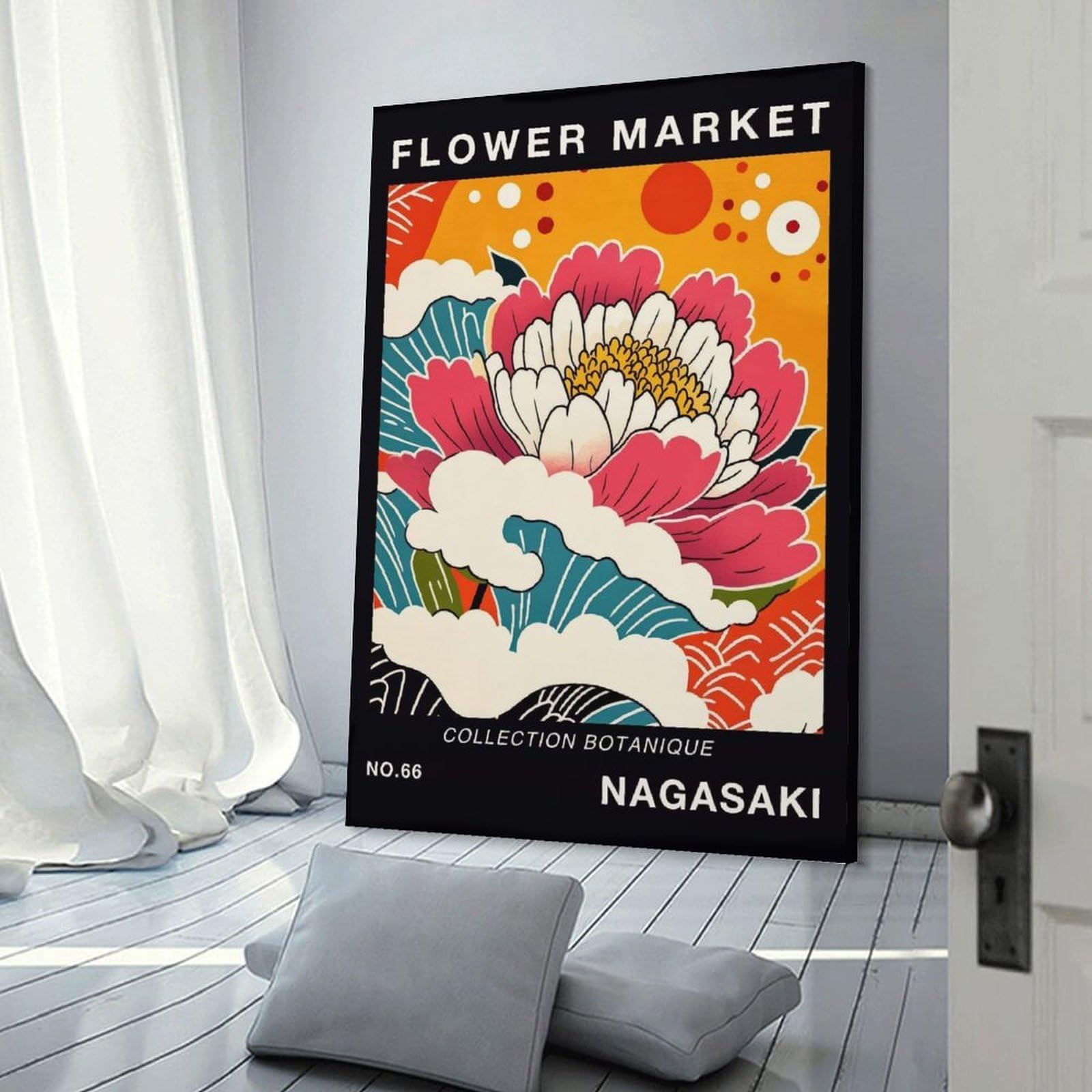 Junmoney Frame-Style-7 Flower Market Nagasaki Botanical Travel Poster Canvas Wall Art 20X30inch(50X75cm), For Workspace Walls, Study Corners Or Bedrooms, Wall Art That Adds Style To Work Areas