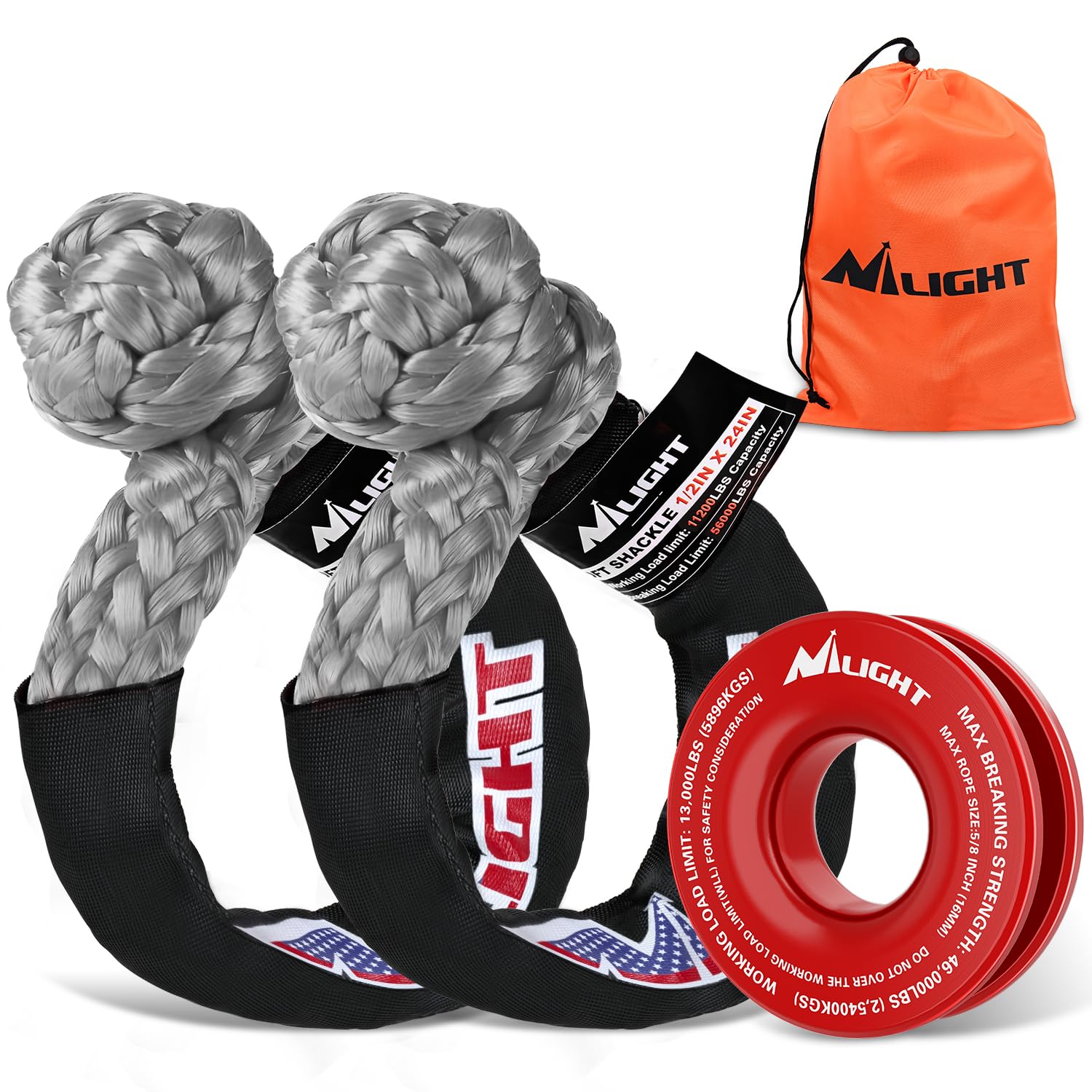 Nilight 2PCS Synthetic Soft Shackle 1/2" x 24" &amp; Recovery Ring Kit