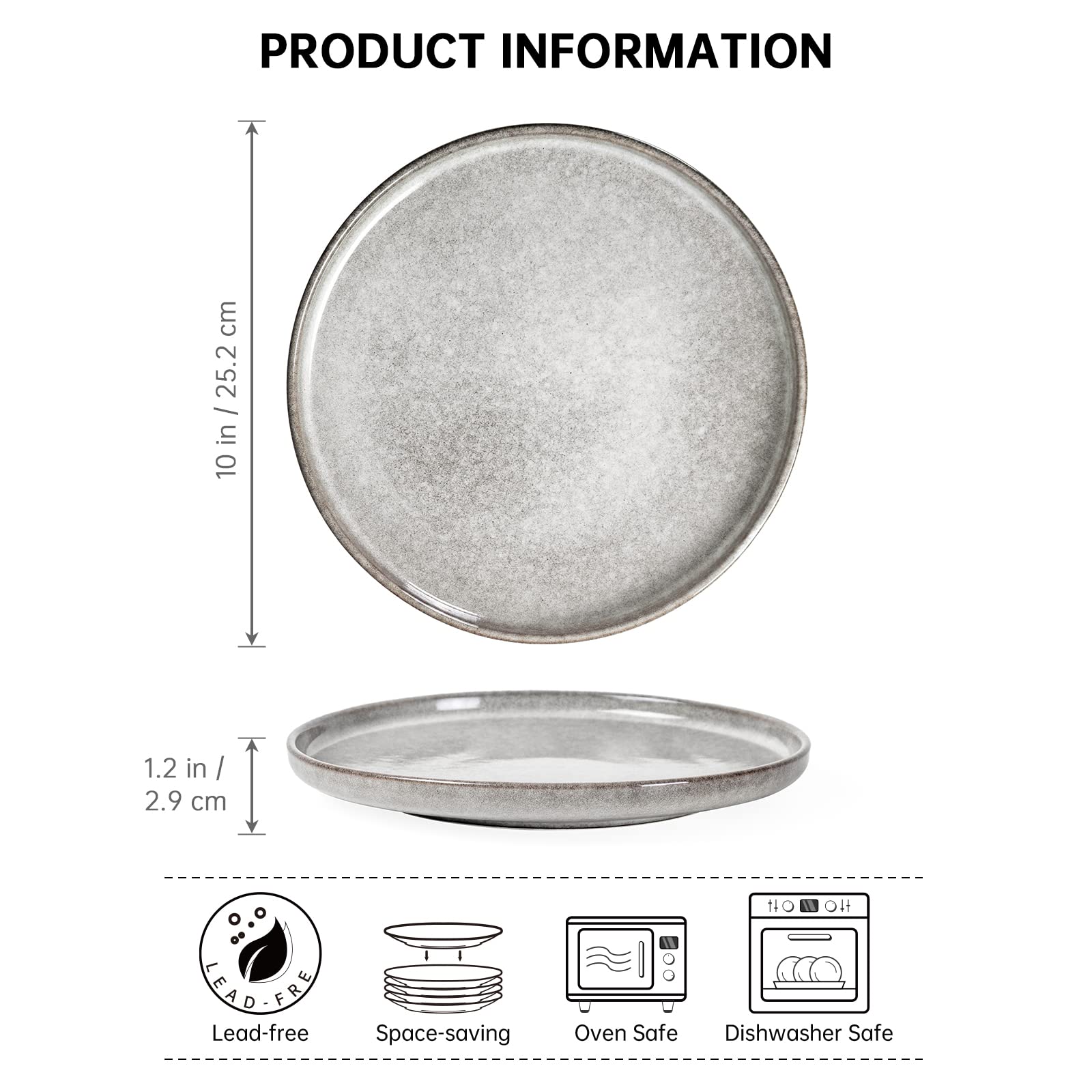 Henten Home 10 Inch Ceramic Dinner Plates, Porcelain Steak Plates Set of 4, Fluted Round Plates for Kitchen, Pasta, Salad Stonware Dishes, Scratch Resistant (Grey)