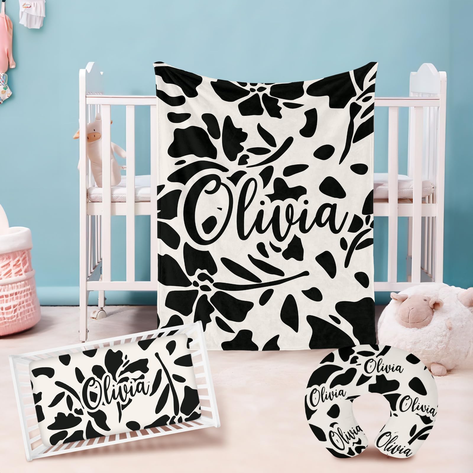 GRESATEK Personalized Toddler Crib Bedding Set - 3 Piece Crib Bedding Set, Standard Size Nursery Bedding for Boys and Girls with Crib Sheet, Nursing Pillow Cover Flannel Blanket Black Flower
