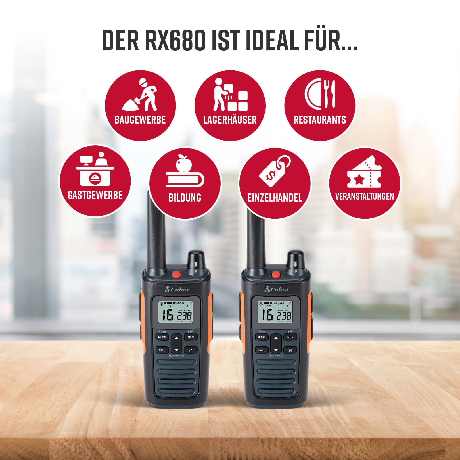 Cobra RX680 Walkie-Talkies (2er-Pack) – Wiederaufladbare PMR446-Funkgeräte für Freizeit und Beruf, große Reichweite, staubgeschützt und spritzwassergeschützt (IP54), Schwarz und Orange