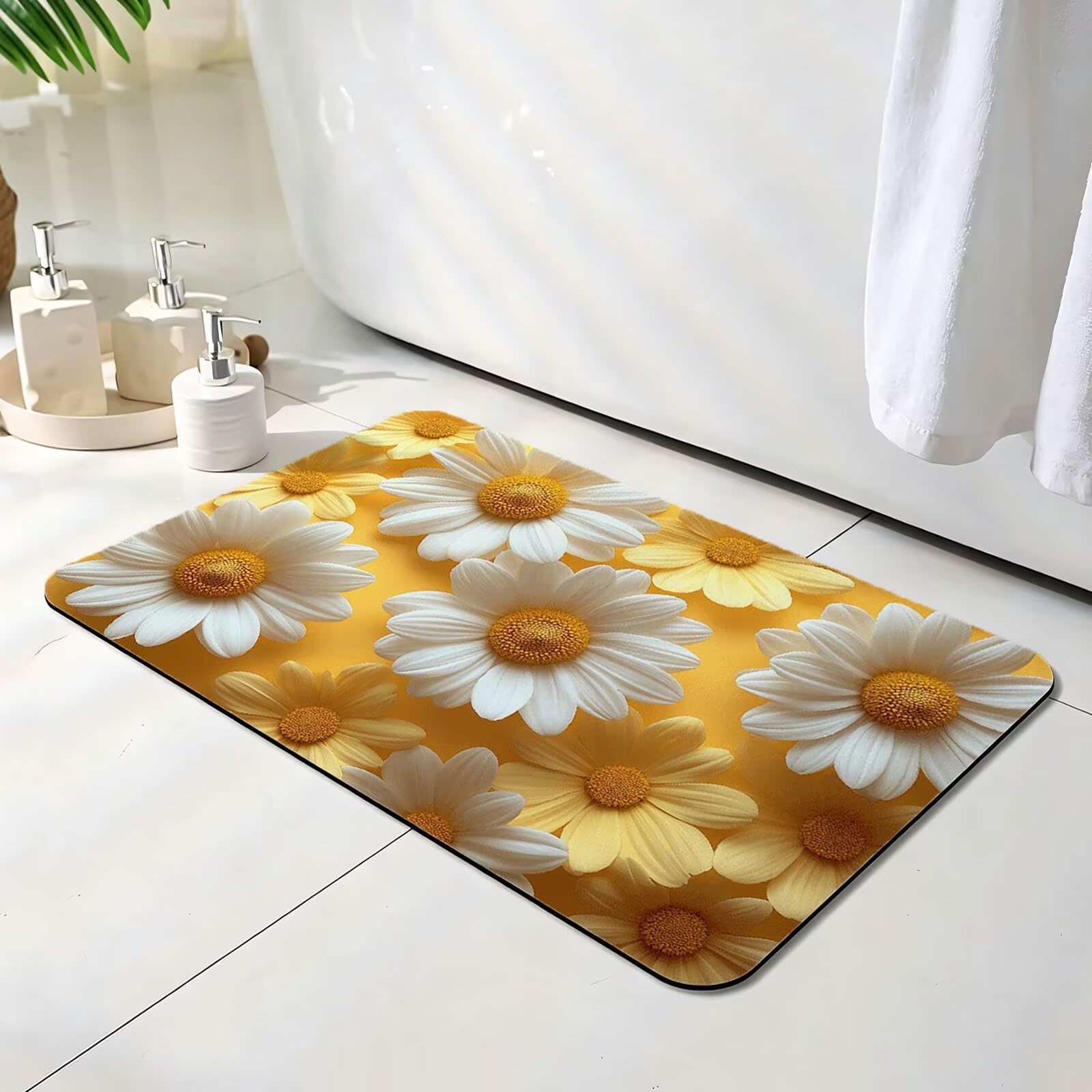 Alfombra Diatomita Baño 60 x 90 cm, Blanco Alfombra Bañera Antideslizante, Ducha Secado Rapido Alfombrilla Baño, Alfombrilla de Baños Lavable, Fácil de Limpiar, para Ducha, Bañera Margarita O-6506