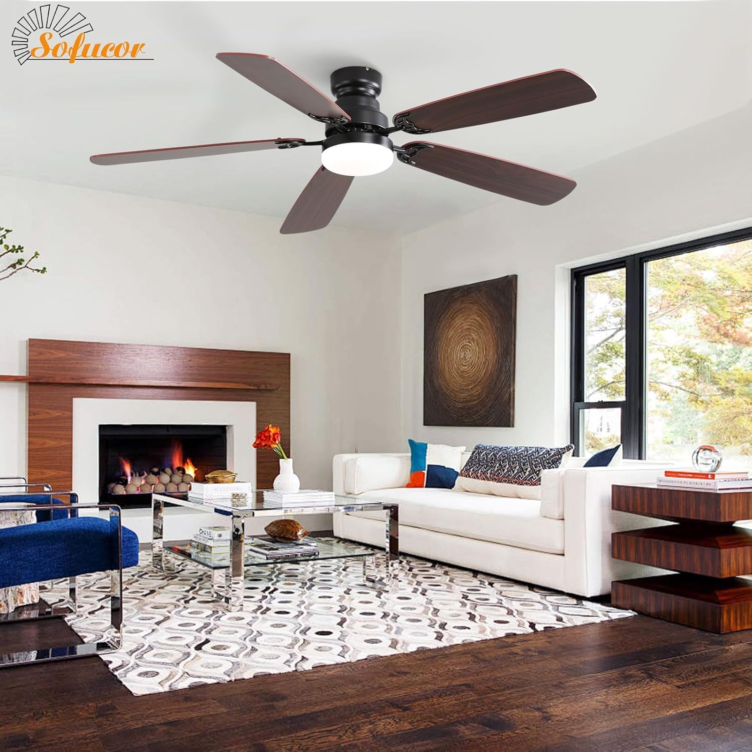 Sofucor Deckenventilator mit Beleuchtung und Fernbedienung, DC, 132 cm, 5 Flügeln, Timer, 3 Farbtemperatur, 6 Geschwindigkeiten, Sommer Winterbetrieb