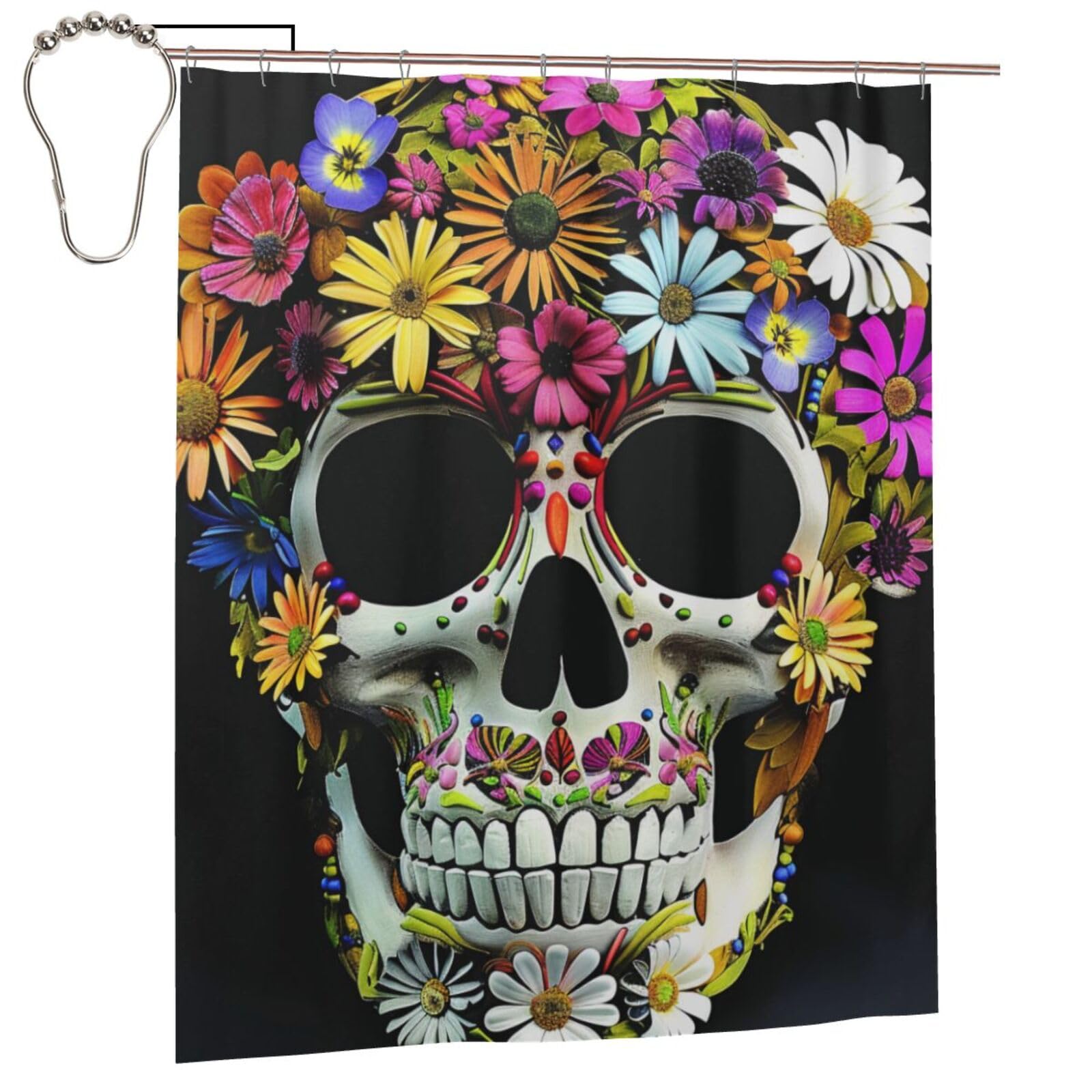 BWWHCCTI Skull Print Printed Shower Curtain With 12 Iron Hooks Opaque Quick Drying Waterproof Shower Curtains Sets For Bathroom 152x183 Cm
