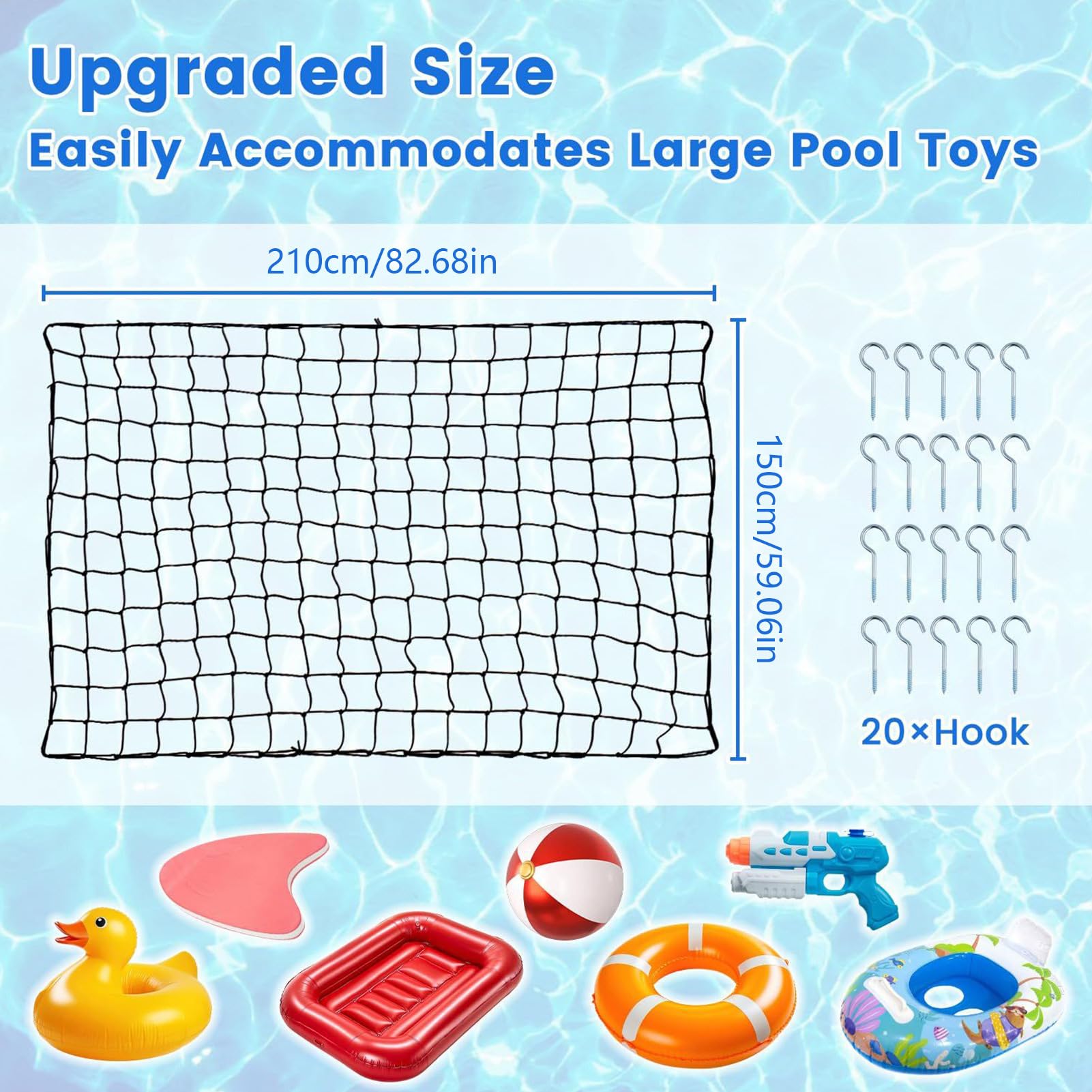 Pool Toy Storage Net, Large Mesh Organizer, Heavy Duty Storage Bag Black Design, Wall-Mount Netting with 20 Screw Hooks, for Inflatable Rafts, Beach Balls, Swim Chairs, Float Toys