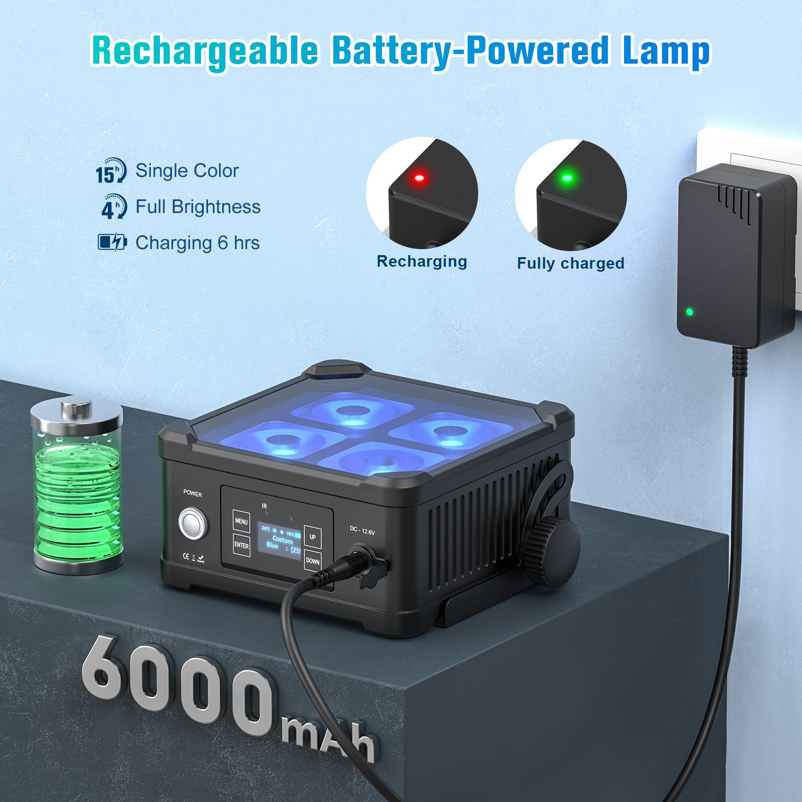 LED Par impermeabile Akku, 40 W RGBWA+UV luce da palcoscenico senza fili ricaricabile con controllo remoto/App/DMX512 per esterni, uplight per matrimoni, concerti, decorazione della casa