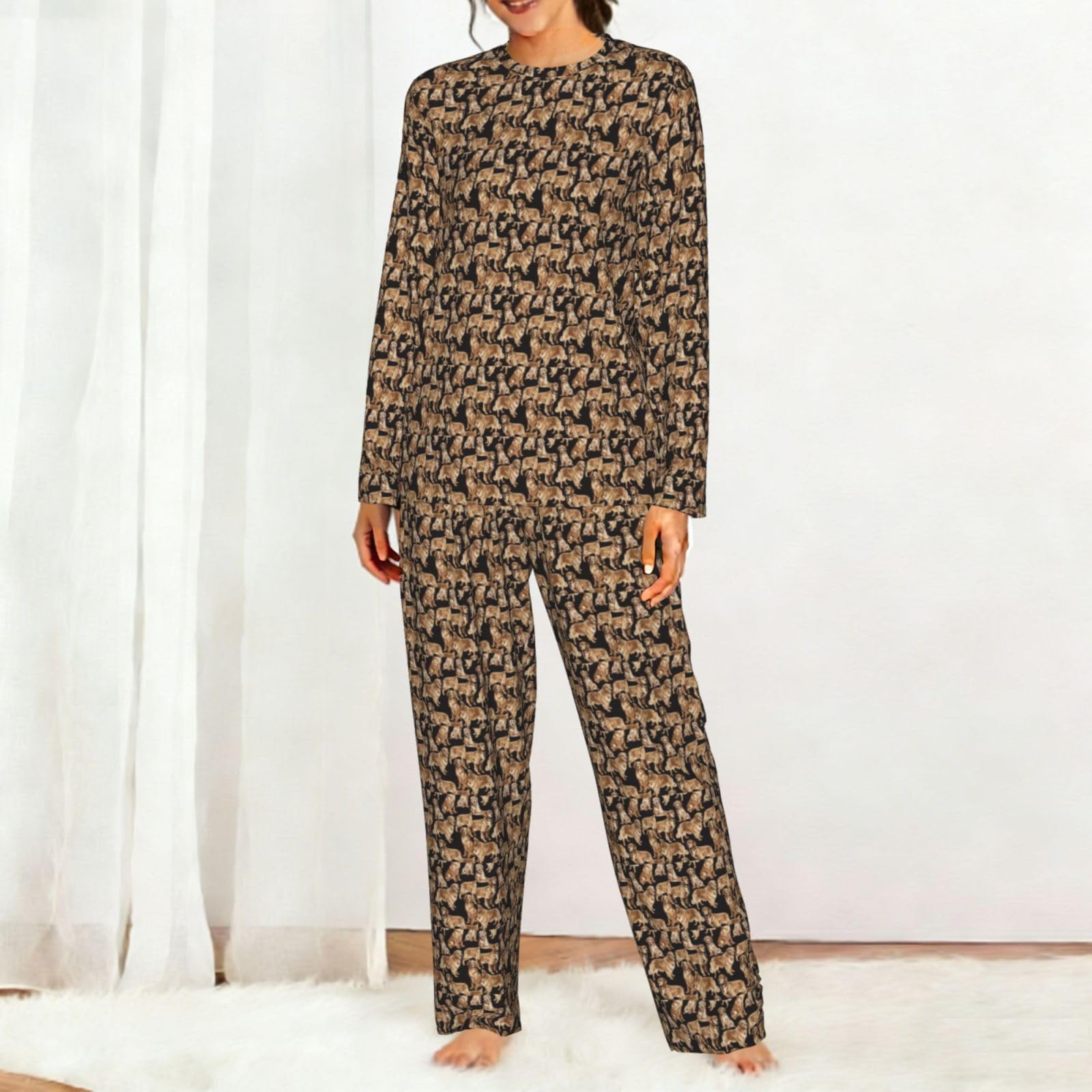Golden Retrievers Stampa Donna Manica Lunga Pigiama Corrispondente Morbido Elastico Coulisse Casual Daywear