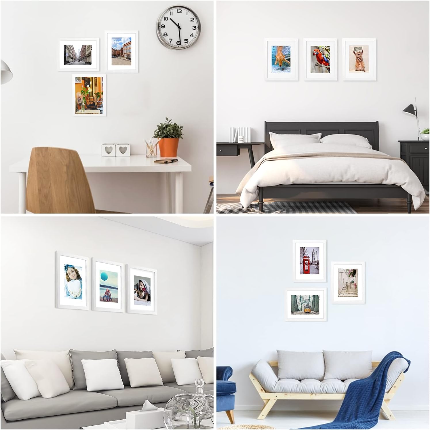 eletecpro 11x14 Picture Frames Set of 4 - Made of Solid Wood and Tempered Glass with Mats, Display Pictures 11x14 Without Mat or 8x10/8.5x11 with Mat for Wall and Tabletop - Mounting Hardware Included (White, 11x14) -