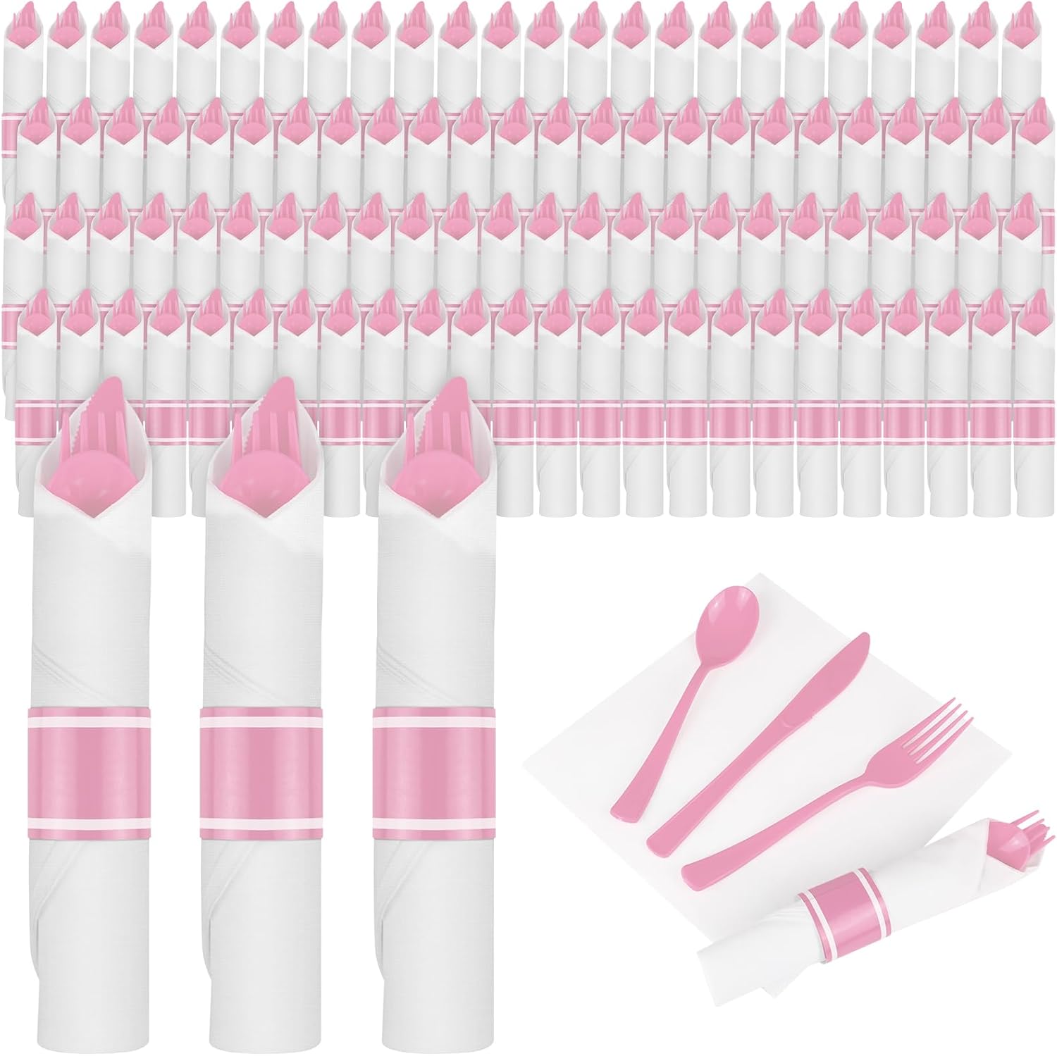 100Pack Pink Pre Rolled Plastic Silverware - Wrapped Pink Plastic Cutlery Set Include 100 Forks, 100 Knives, 100 Spoons and 100 Napkins, Heavy Duty Disposable Silverware for Party, Wedding