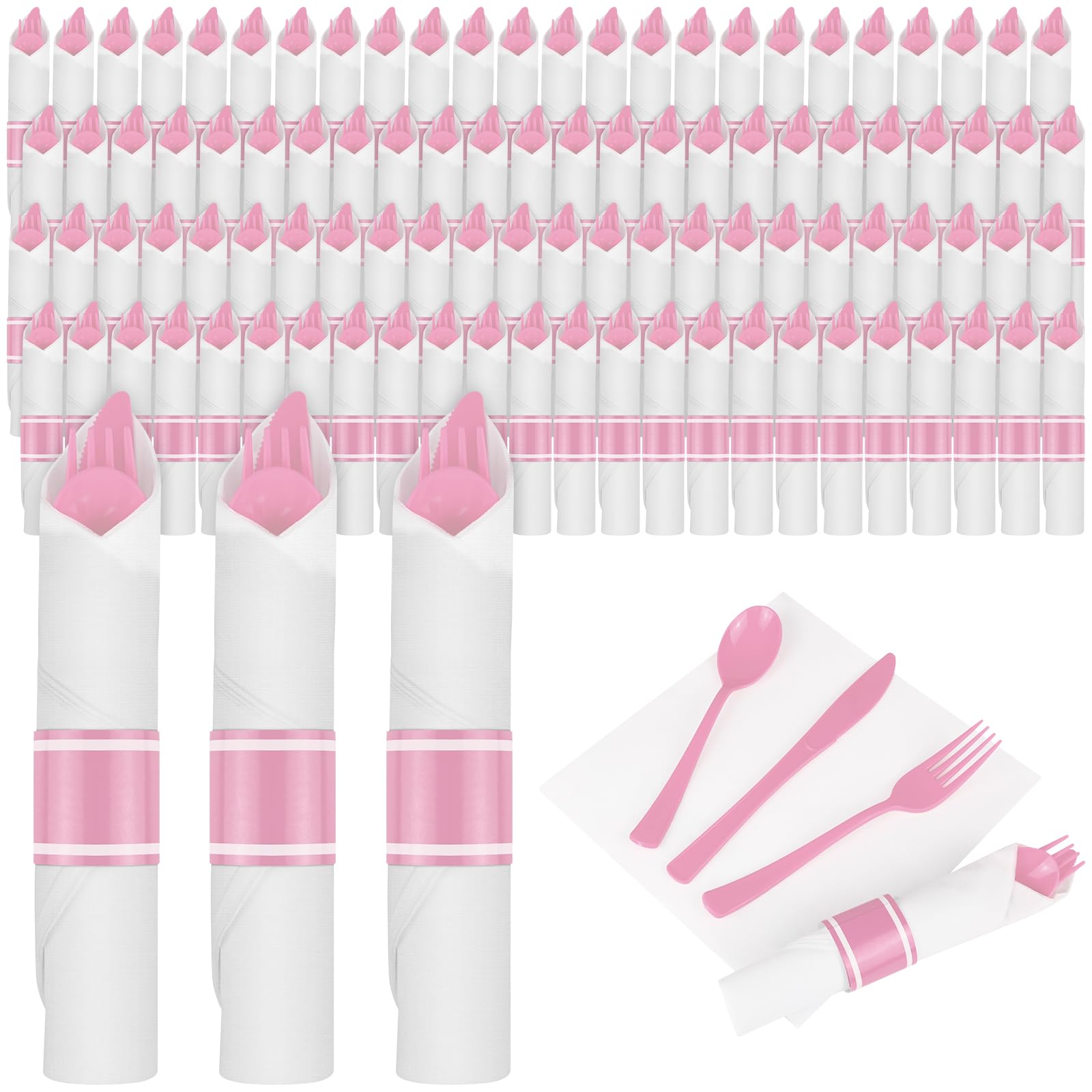 Amazon.com: 100Pack Pink Pre Rolled Plastic Silverware - Wrapped Pink ...